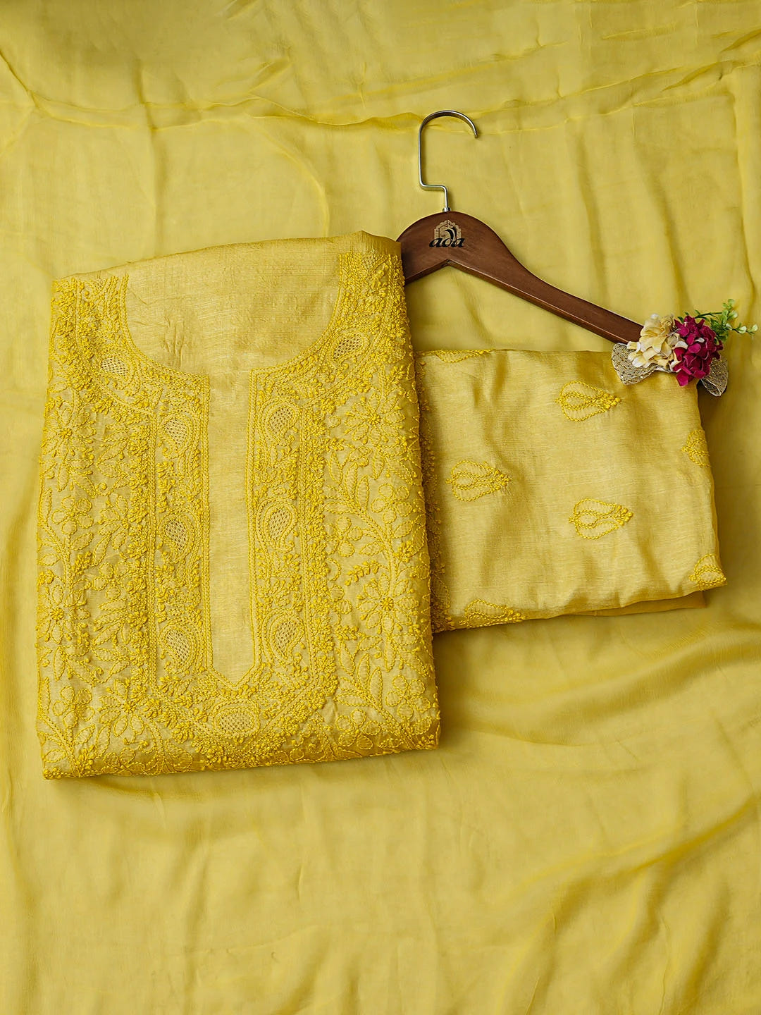 Ada Hand Embroidered Mustard Yellow Silk Lucknowi Chikankari Unstitched Suit Piece 01A965273