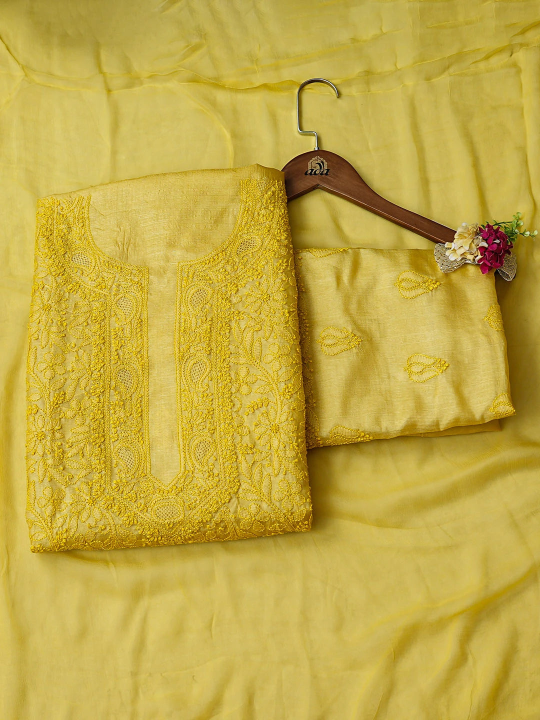 Ada Hand Embroidered Mustard Yellow Silk Lucknowi Chikankari Unstitched Suit Piece 01A965273