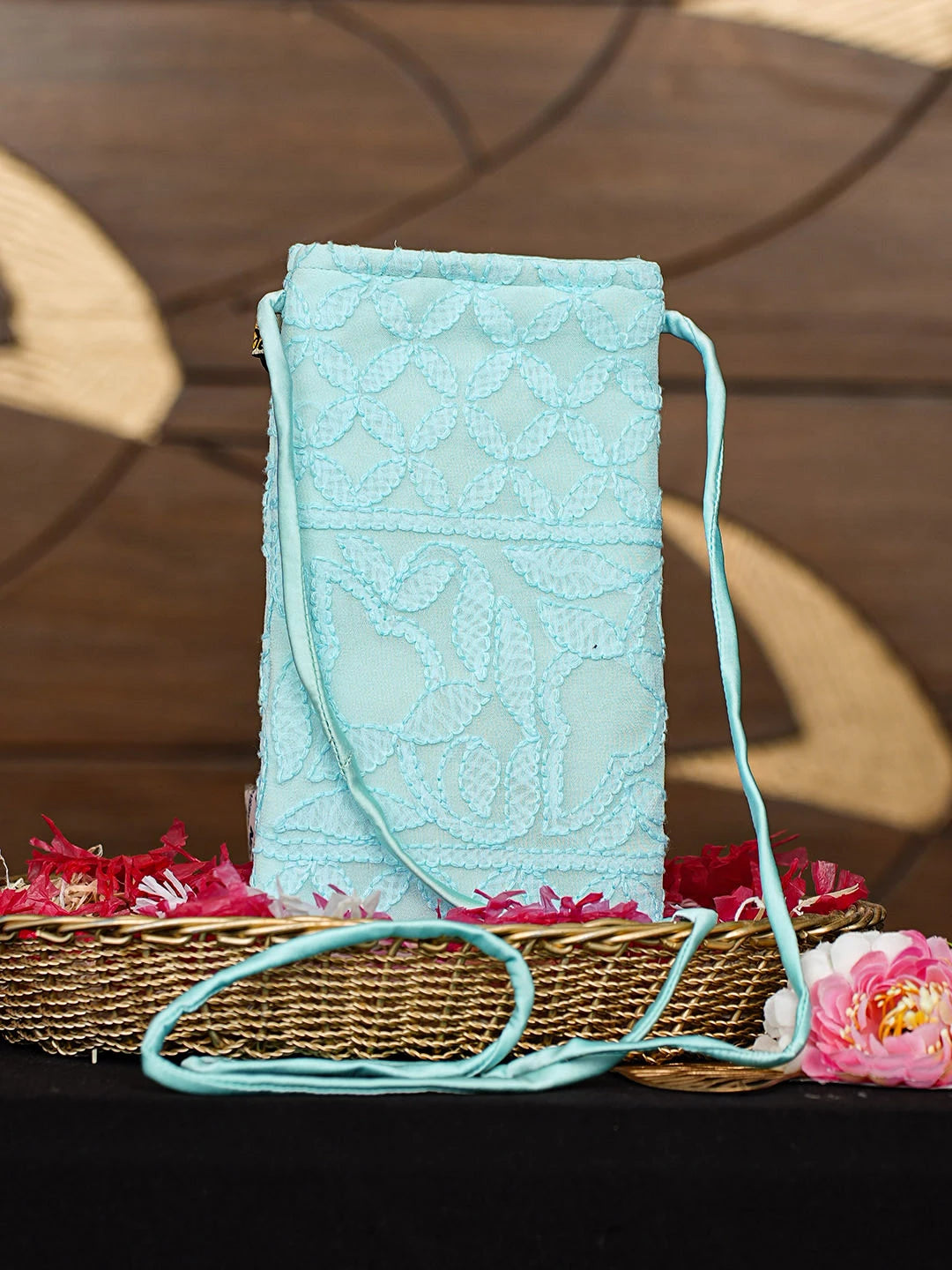 Ada Hand Embroidered Light Blue Viscose Georgette Lucknowi Chikankari Mobile Cover 01A900621