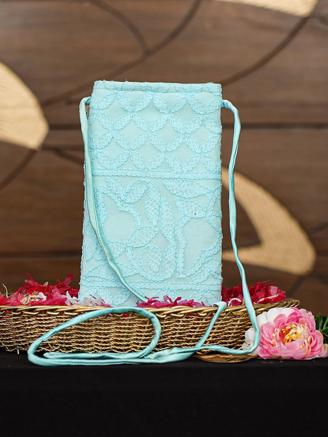 Ada Hand Embroidered Light Blue Viscose Georgette Lucknowi Chikankari Mobile Cover 01A900621