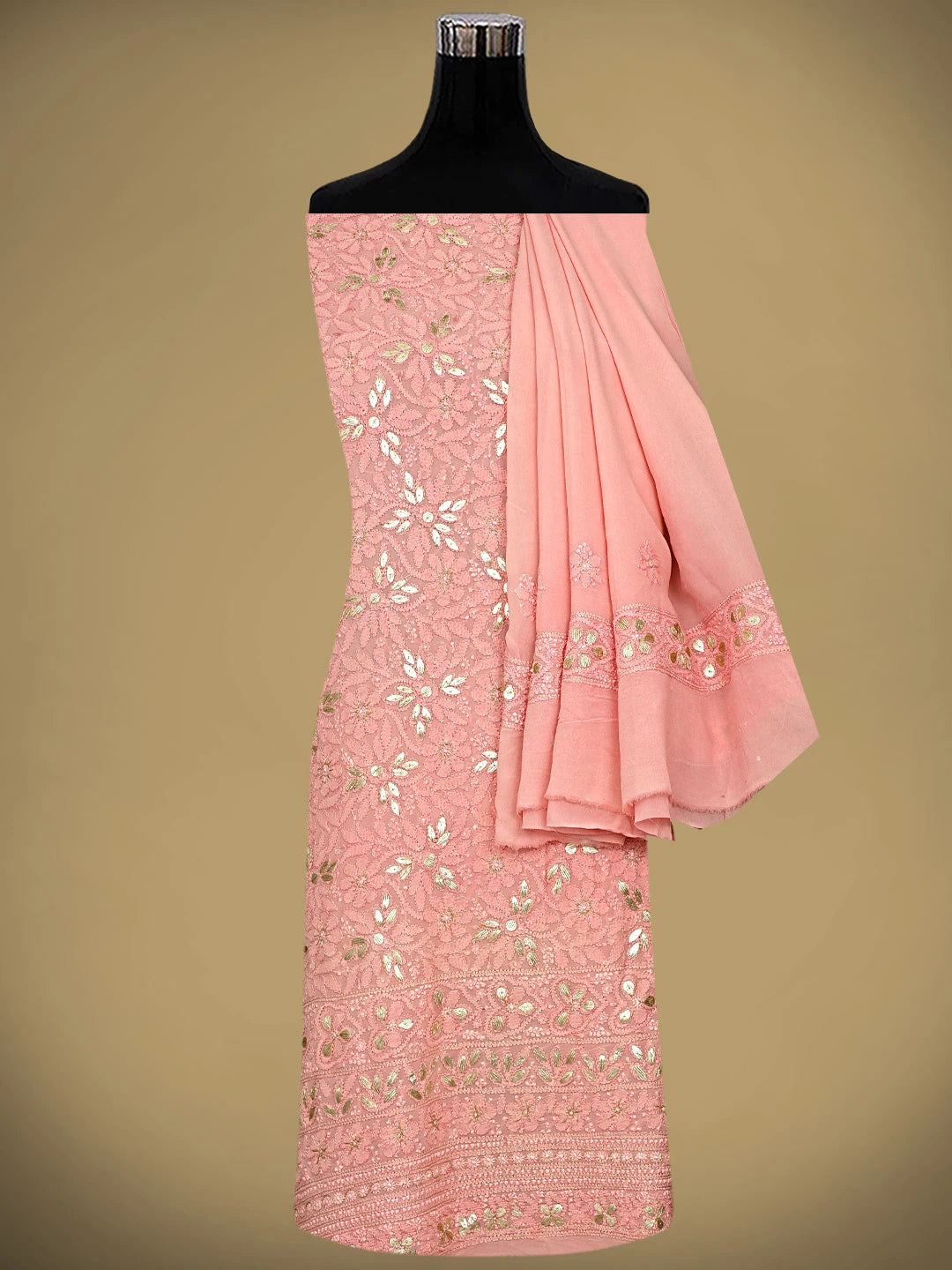 Ada Hand Embroidered Pink Viscose Georgette Lucknowi Chikankari Unstitched Kurta Dupatta Set With Gota Patti Work 01A944710