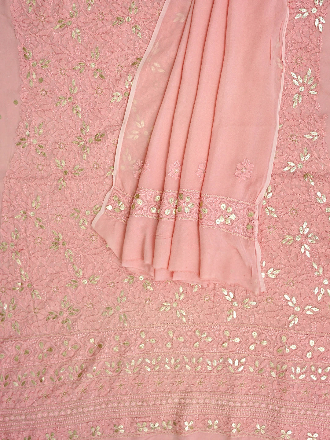 Ada Hand Embroidered Pink Viscose Georgette Lucknowi Chikankari Unstitched Kurta Dupatta Set With Gota Patti Work 01A944710