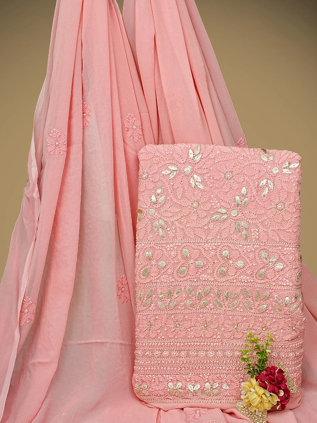 Ada Hand Embroidered Pink Viscose Georgette Lucknowi Chikankari Unstitched Kurta Dupatta Set With Gota Patti Work 01A944710