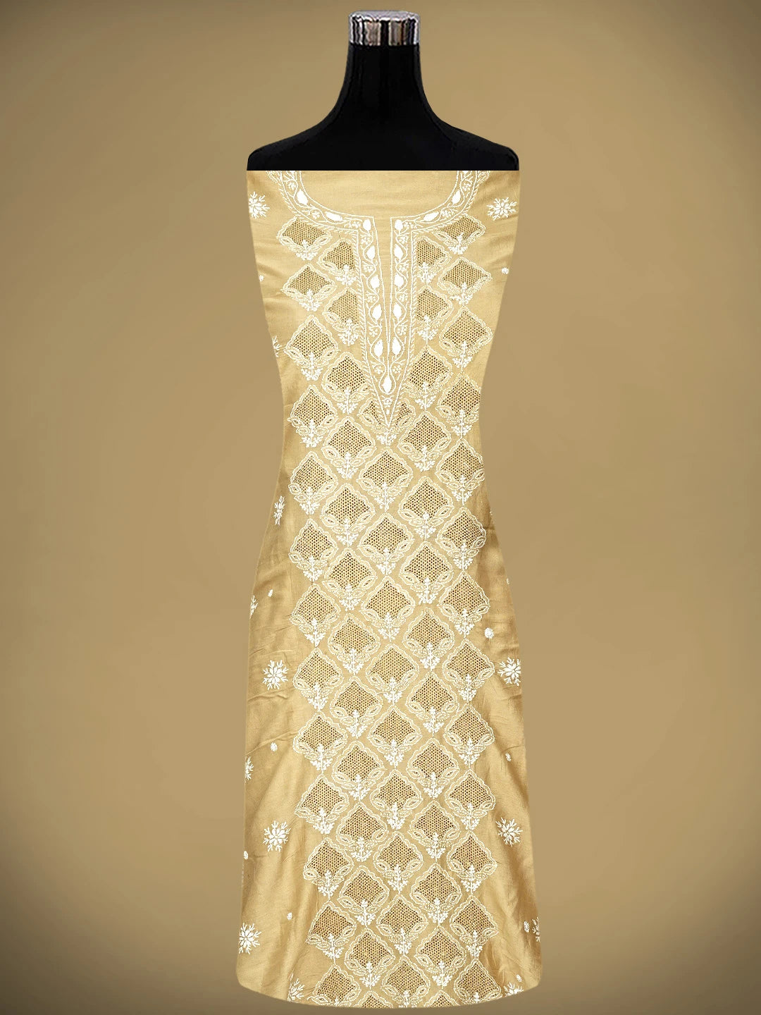 Ada Hand Embroidered Fawn Chanderi Lucknowi Chikankari Unstitched Kurta Dupatta Set 01A910424