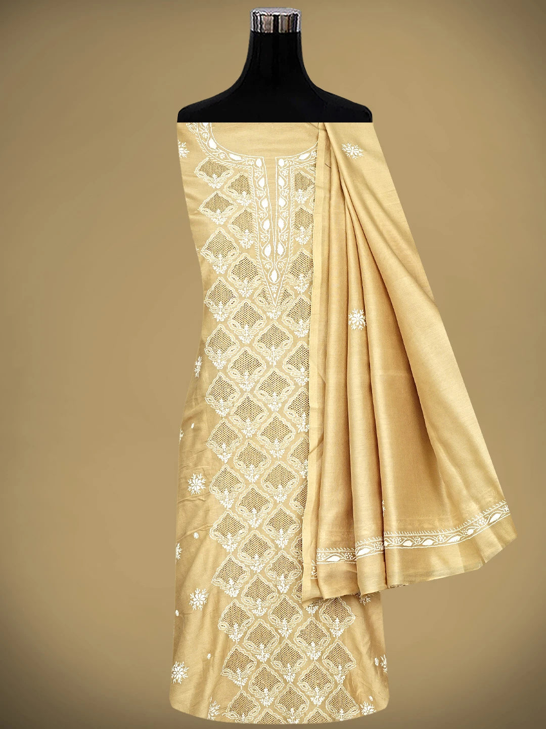 Ada Hand Embroidered Fawn Chanderi Lucknowi Chikankari Unstitched Kurta Dupatta Set 01A910424