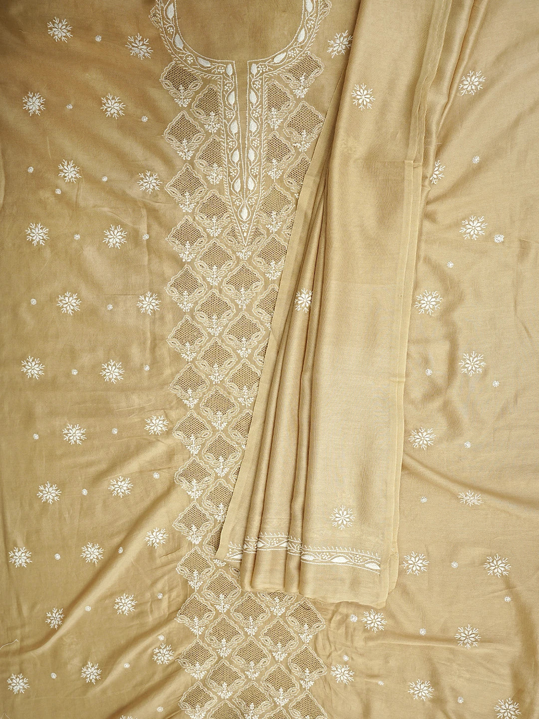 Ada Hand Embroidered Fawn Chanderi Lucknowi Chikankari Unstitched Kurta Dupatta Set 01A910424