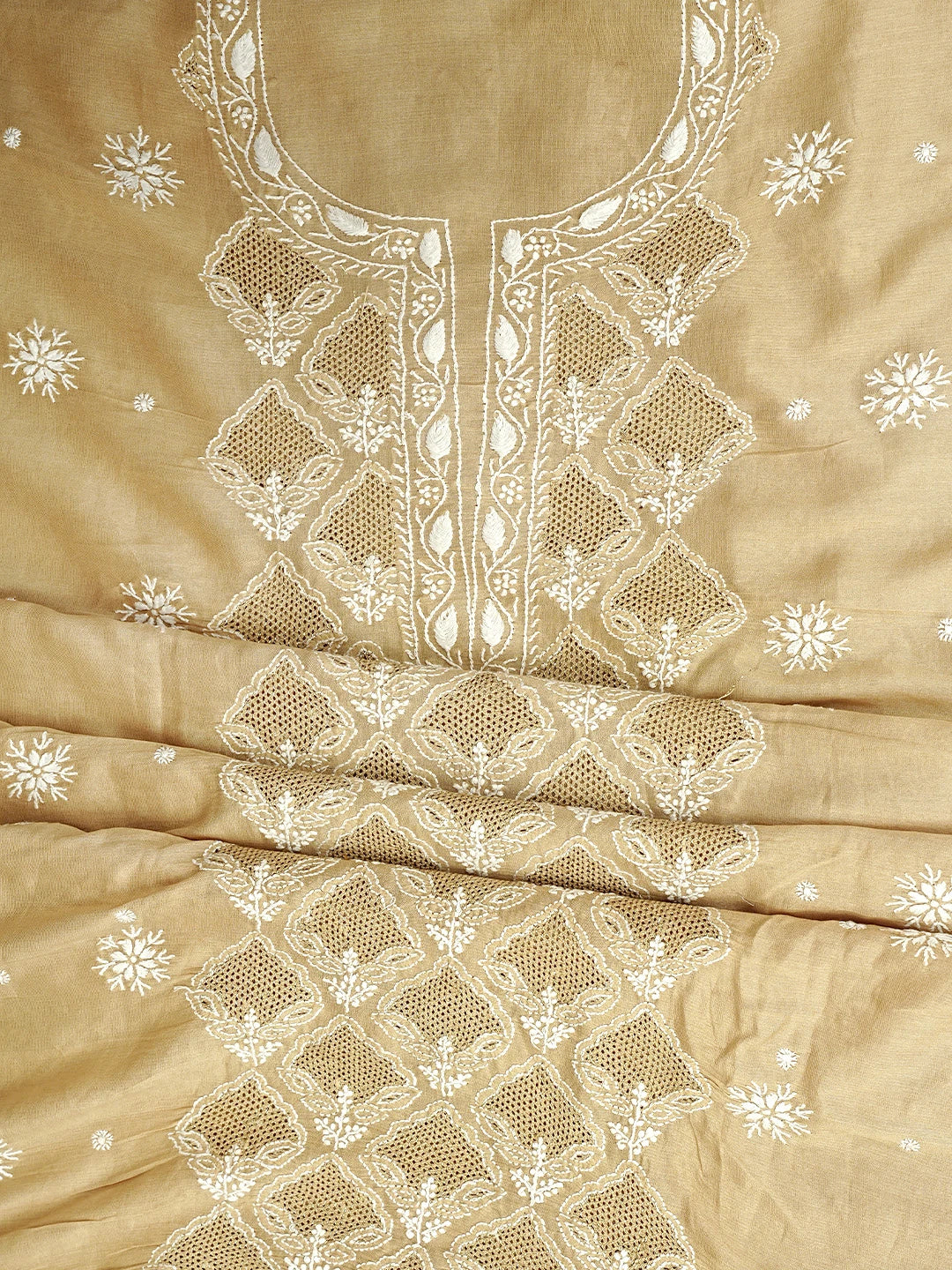 Ada Hand Embroidered Fawn Chanderi Lucknowi Chikankari Unstitched Kurta Dupatta Set 01A910424
