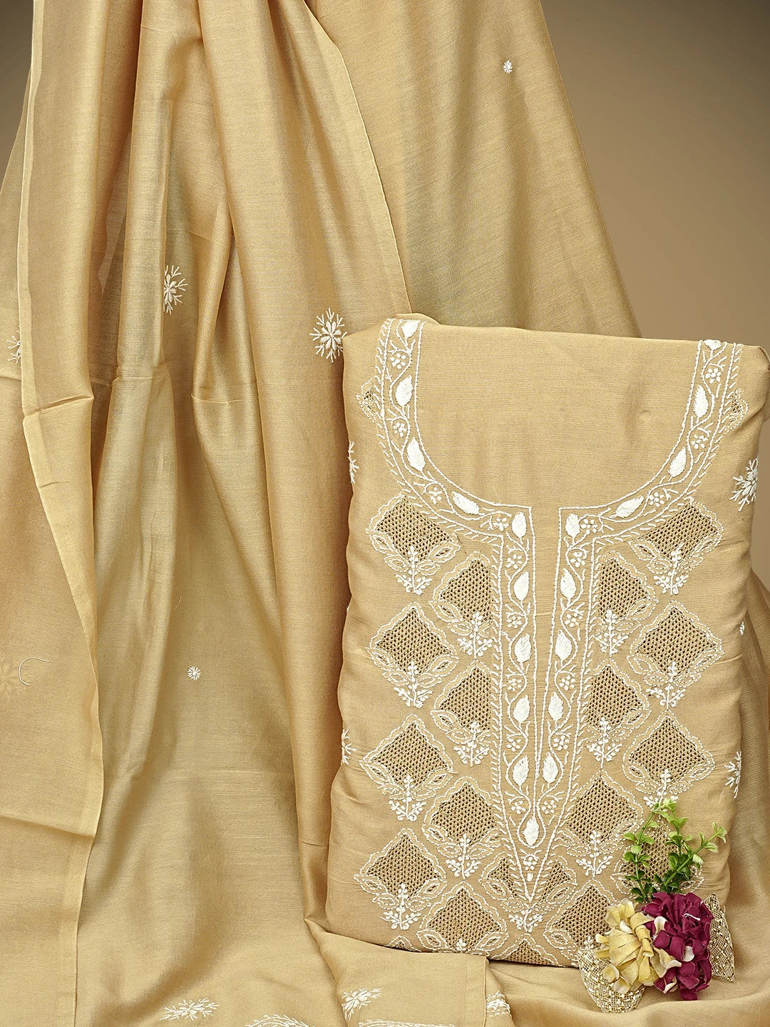 Ada Hand Embroidered Fawn Chanderi Lucknowi Chikankari Unstitched Kurta Dupatta Set 01A910424