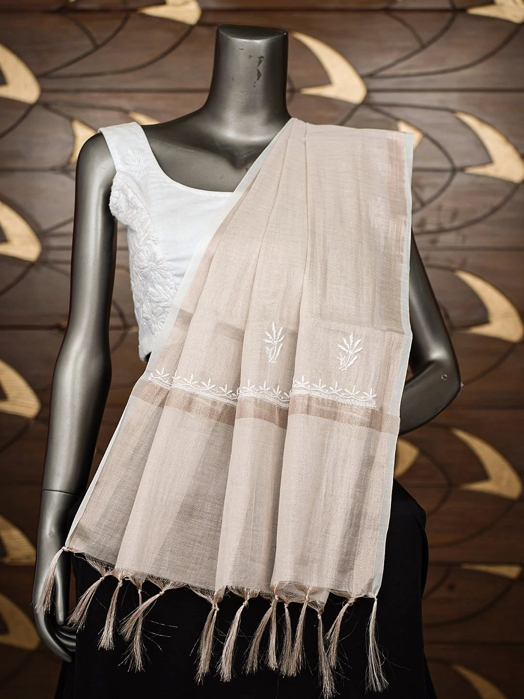 Ada Hand Embroidered Fawn Tissue Lucknowi Chikankari Dupatta 01A962208