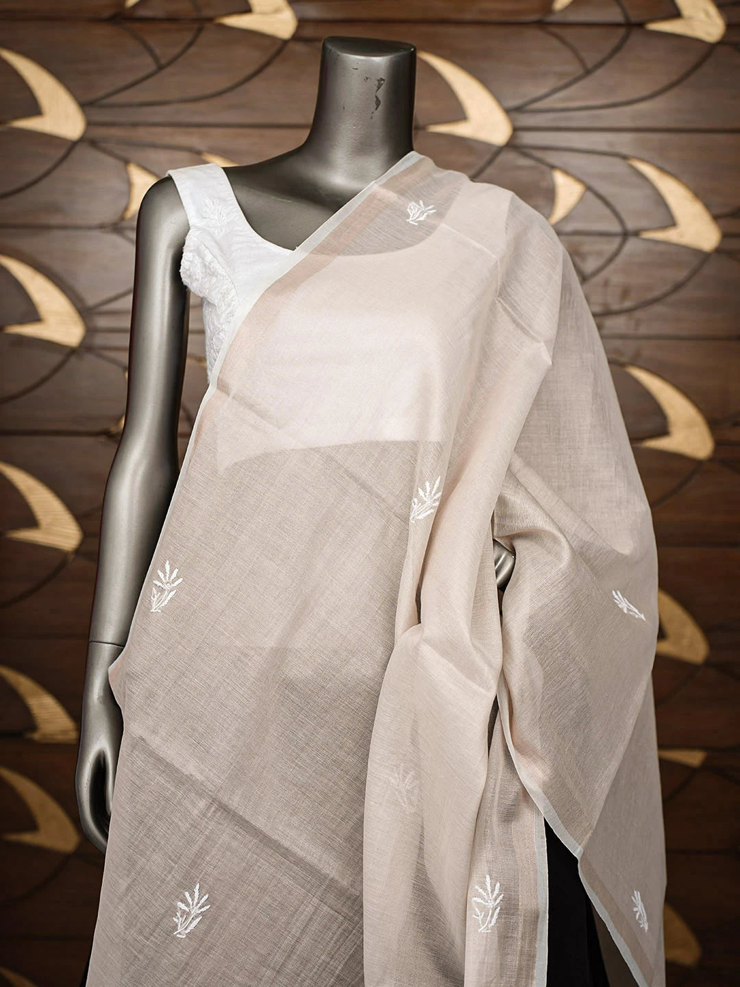Ada Hand Embroidered Fawn Tissue Lucknowi Chikankari Dupatta 01A962208