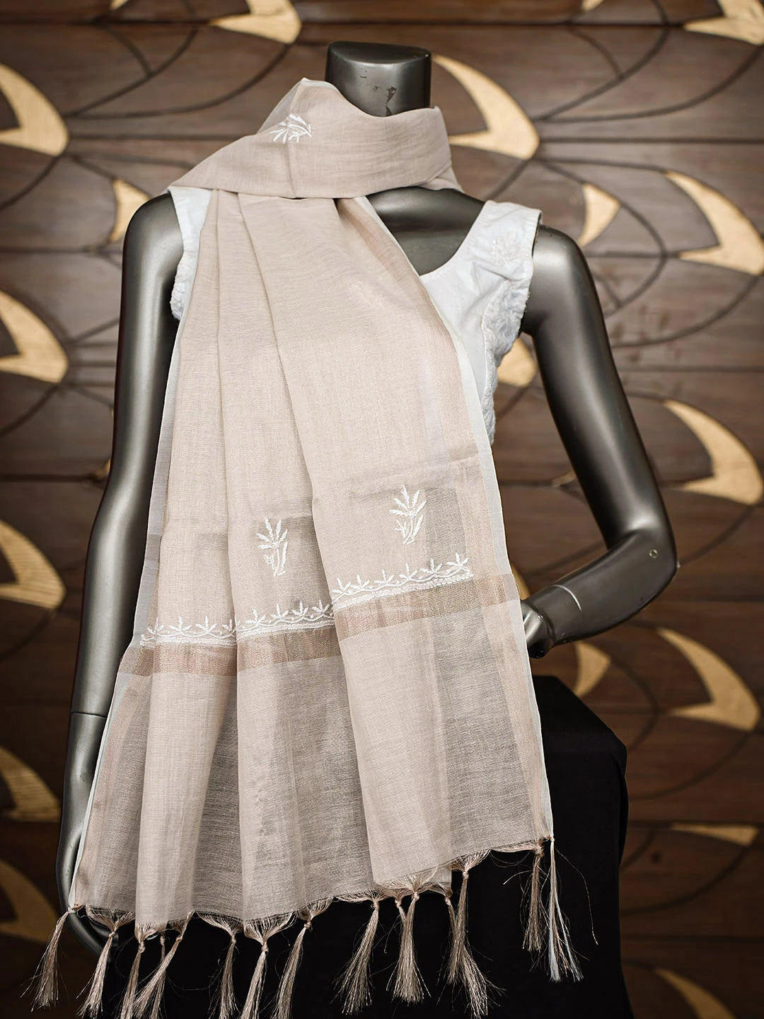 Ada Hand Embroidered Fawn Tissue Lucknowi Chikankari Dupatta 01A962208