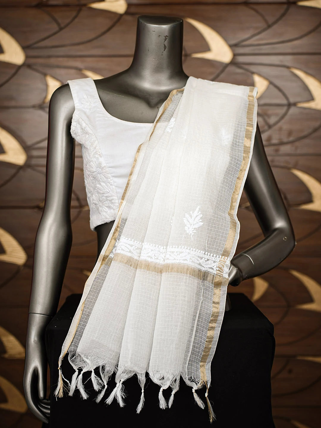 Ada Hand Embroidered White kota Chanderi Lucknowi Chikankari Dupatta 01A965686