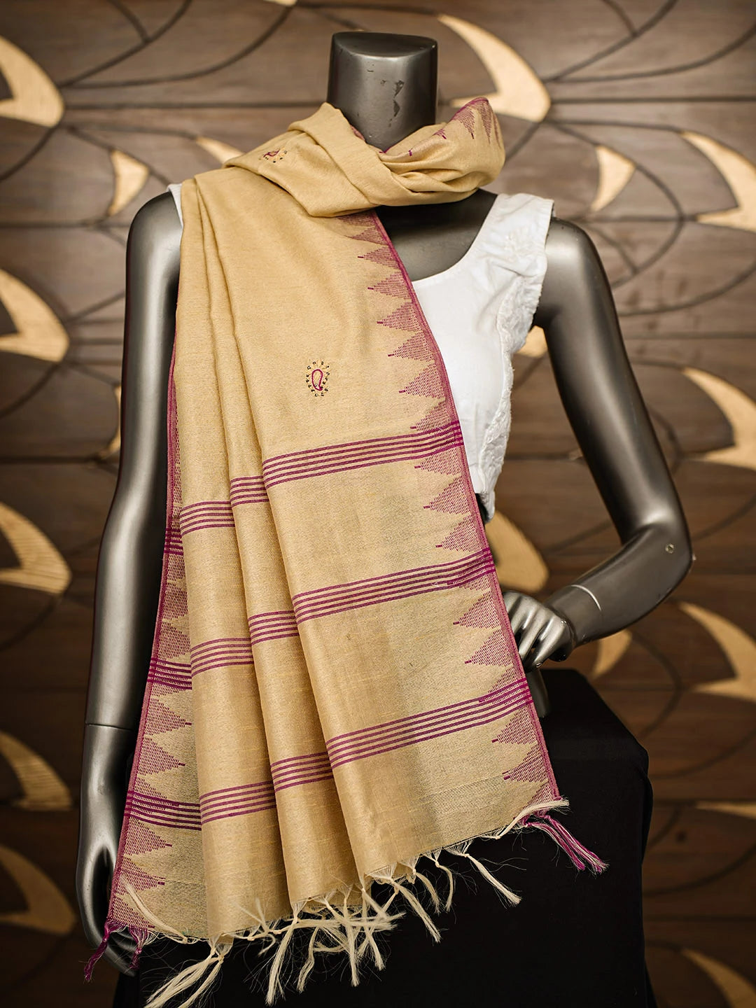Ada Hand Embroidered Fawn Silk Lucknowi Chikankari Dupatta With Muqaish/Mukaish Work 01A218066