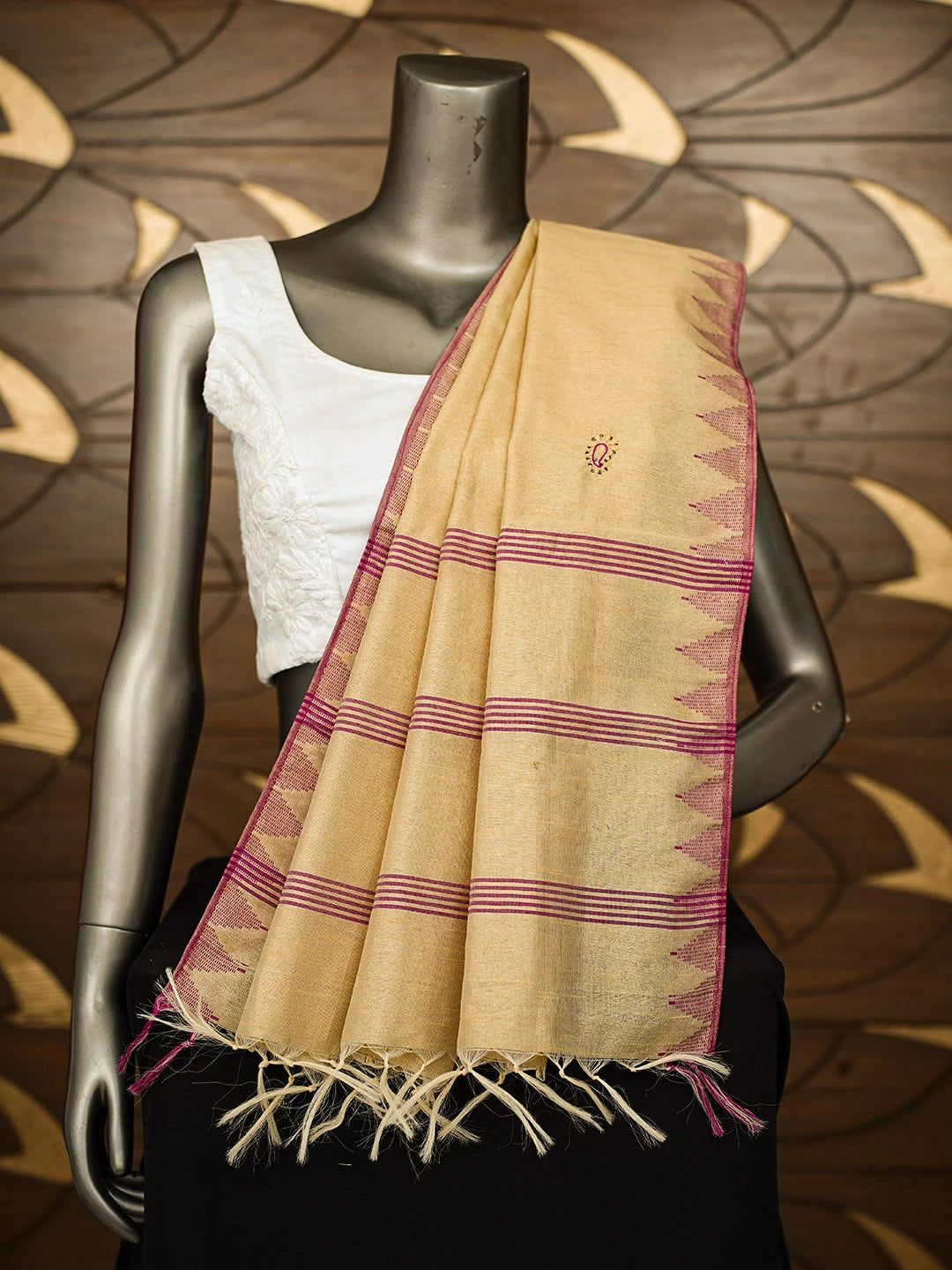 Ada Hand Embroidered Fawn Silk Lucknowi Chikankari Dupatta With Muqaish/Mukaish Work 01A218066