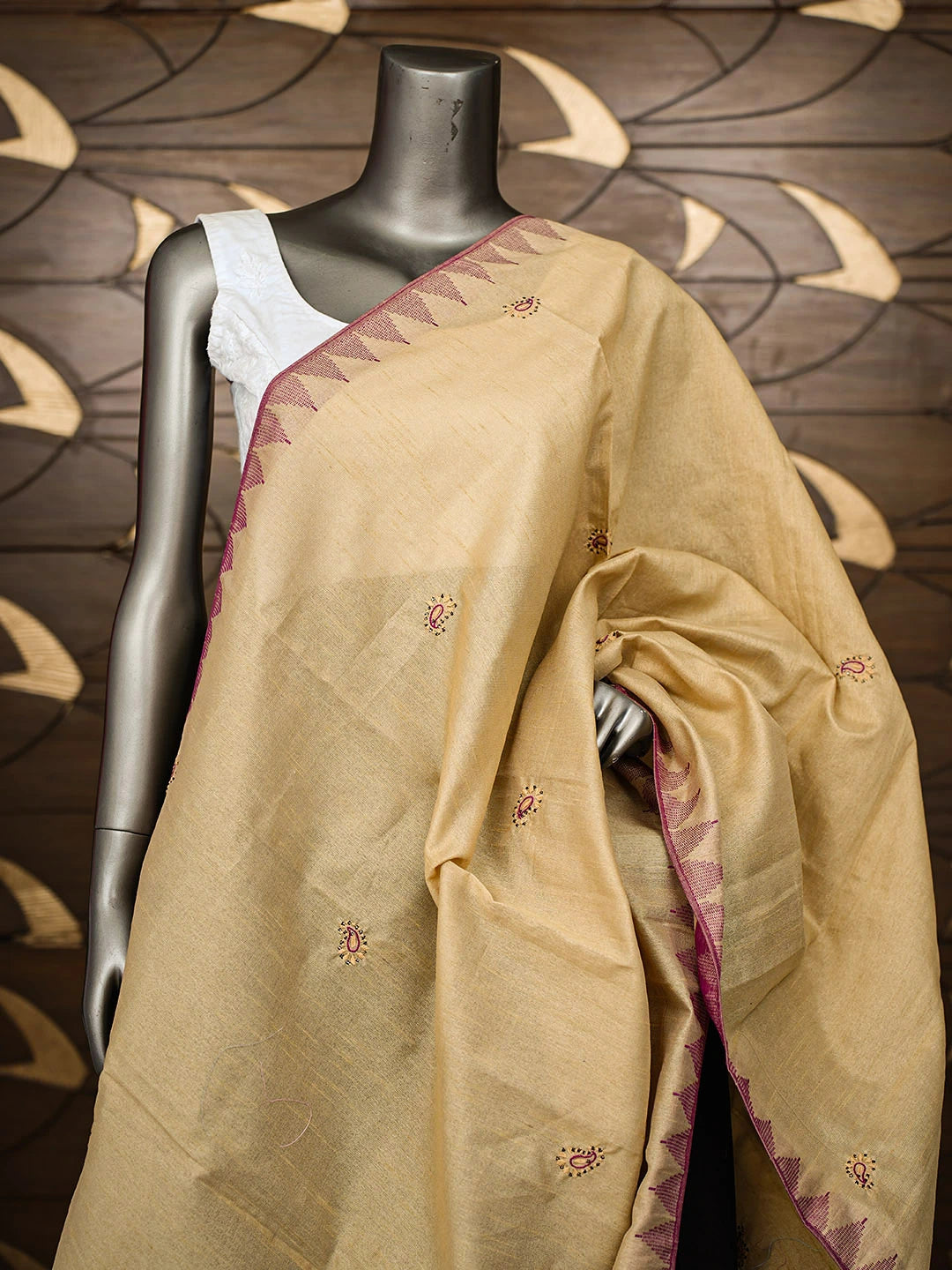 Ada Hand Embroidered Fawn Silk Lucknowi Chikankari Dupatta With Muqaish/Mukaish Work 01A218066