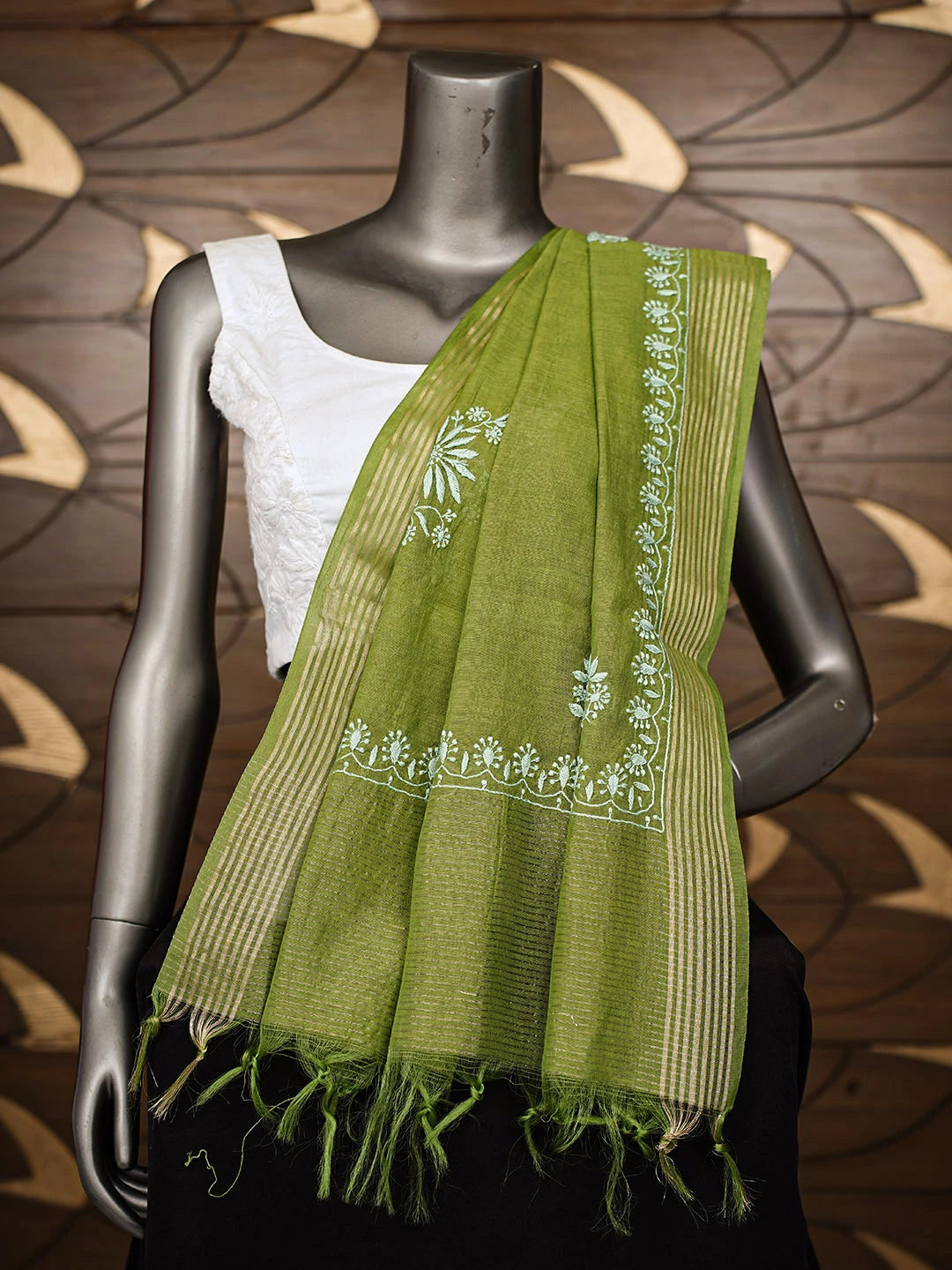 Ada Hand Embroidered Green Chanderi Lucknowi Chikankari Dupatta 01A922690