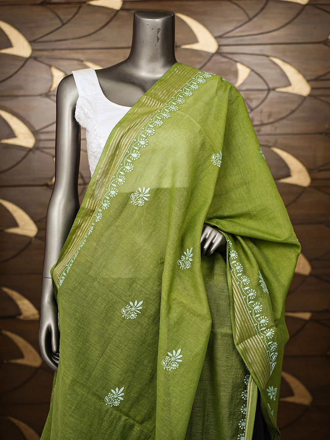 Ada Hand Embroidered Green Chanderi Lucknowi Chikankari Dupatta 01A922690