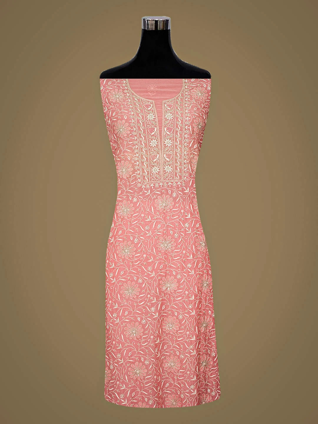 Ada Hand Embroidered Pink Chanderi Lucknowi Chikankari Unstitched Kurta Dupatta Set With Cutdana Work 01A908351