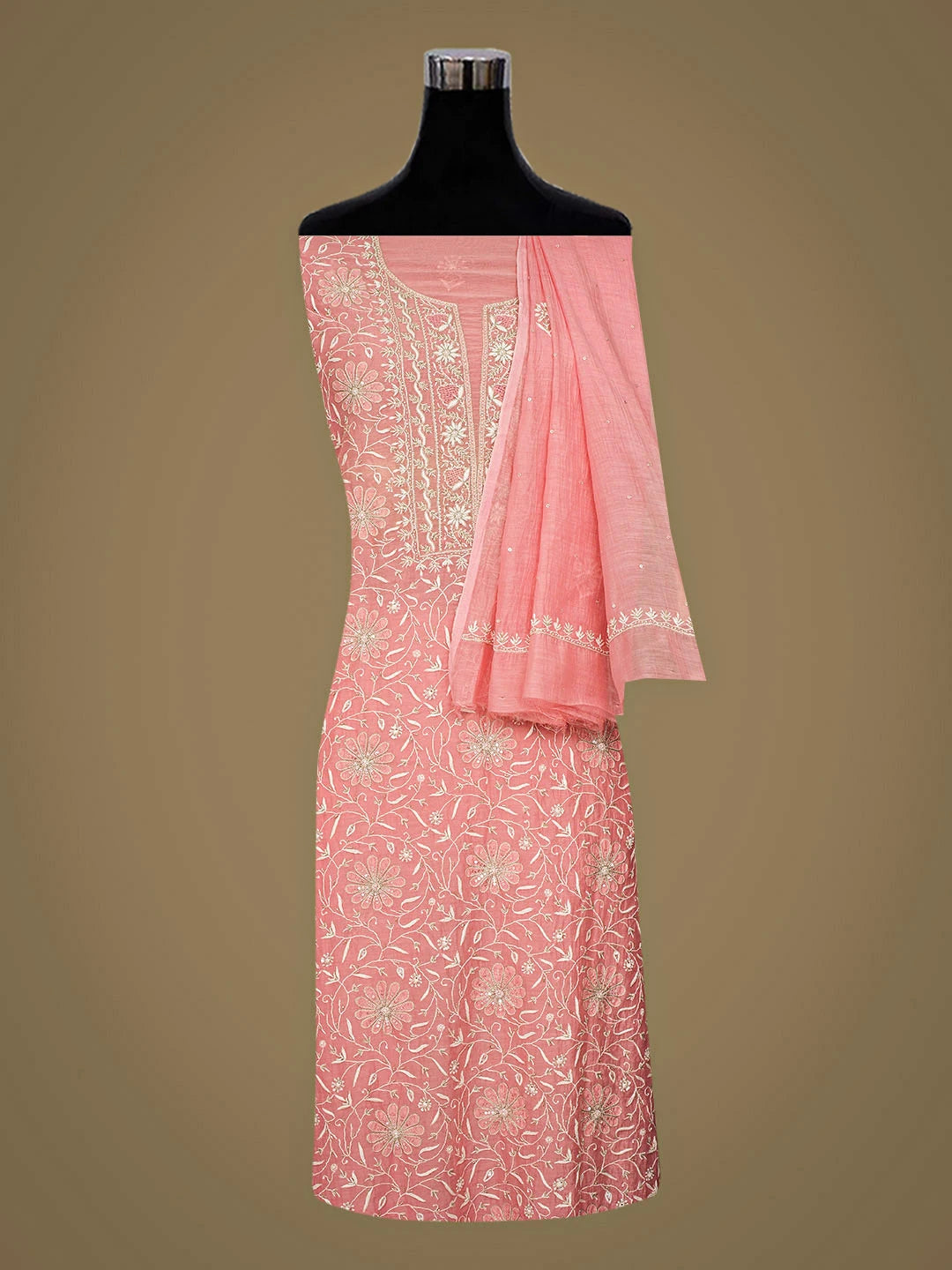Ada Hand Embroidered Pink Chanderi Lucknowi Chikankari Unstitched Kurta Dupatta Set With Cutdana Work 01A908351