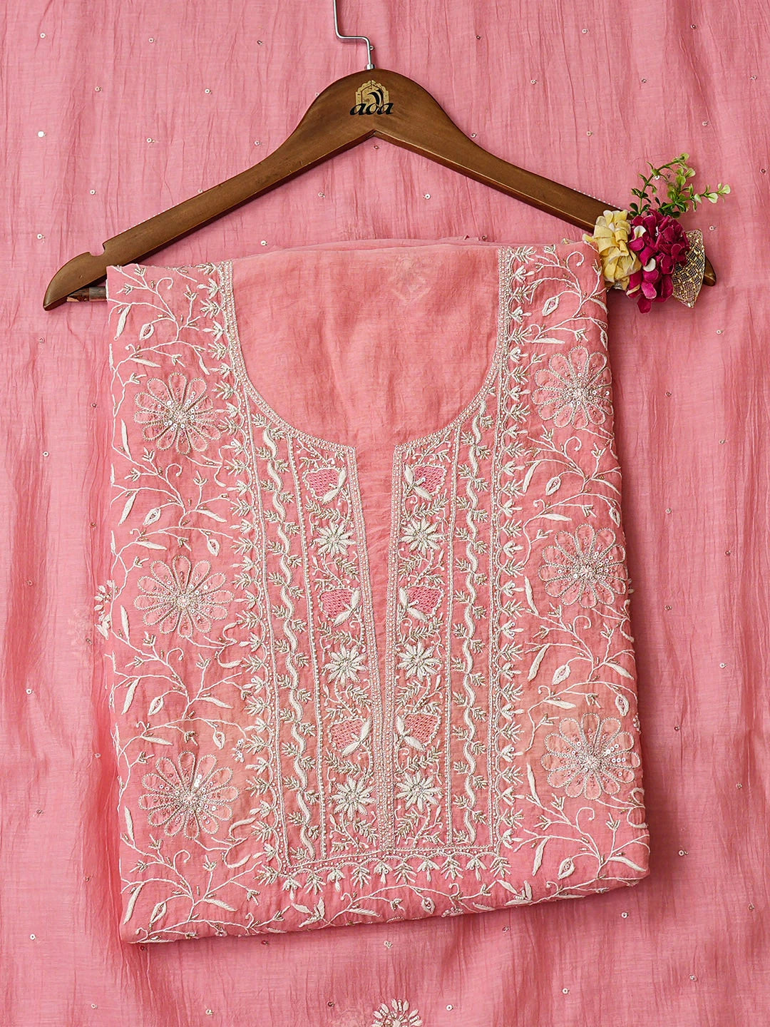 Ada Hand Embroidered Pink Chanderi Lucknowi Chikankari Unstitched Kurta Dupatta Set With Cutdana Work 01A908351