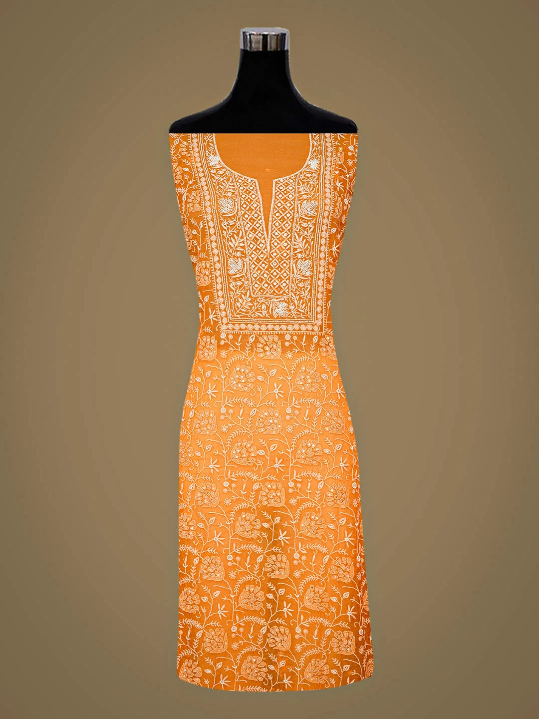 Ada Hand Embroidered Orange Organza Lucknowi Chikankari Unstitched Kurta Dupatta Set With Pearl Work 01A865512