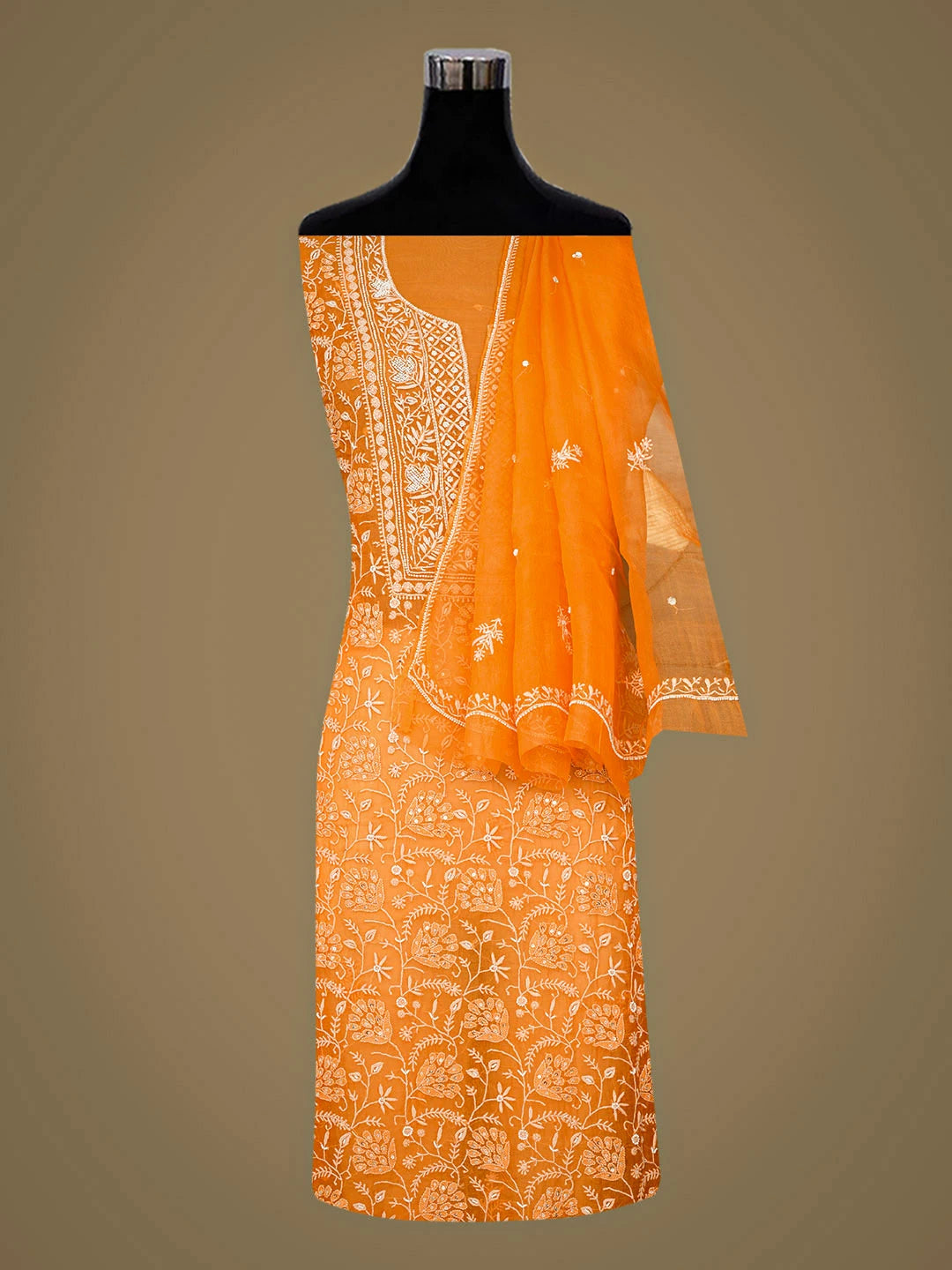Ada Hand Embroidered Orange Organza Lucknowi Chikankari Unstitched Kurta Dupatta Set With Pearl Work 01A865512