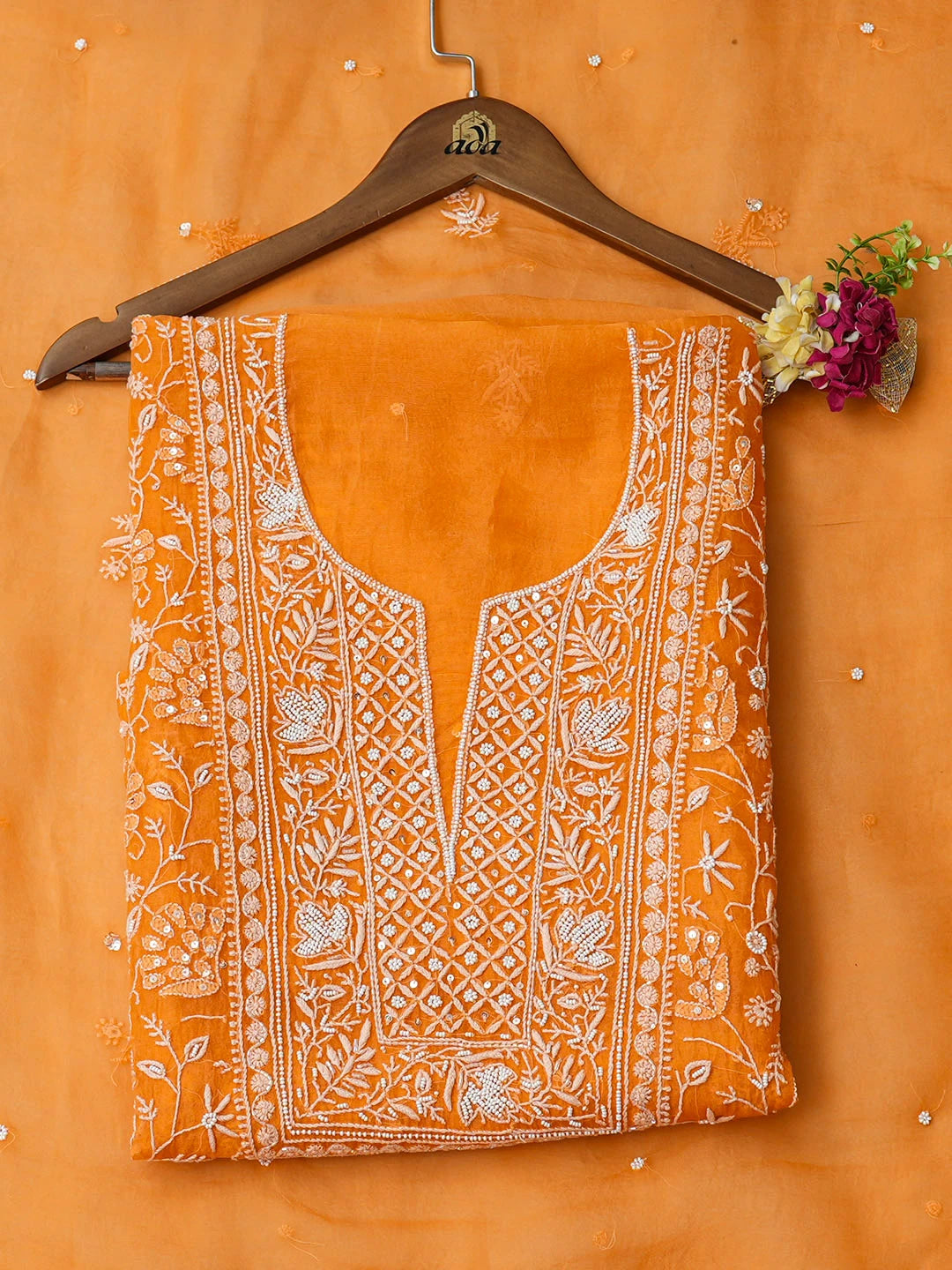 Ada Hand Embroidered Orange Organza Lucknowi Chikankari Unstitched Kurta Dupatta Set With Pearl Work 01A865512