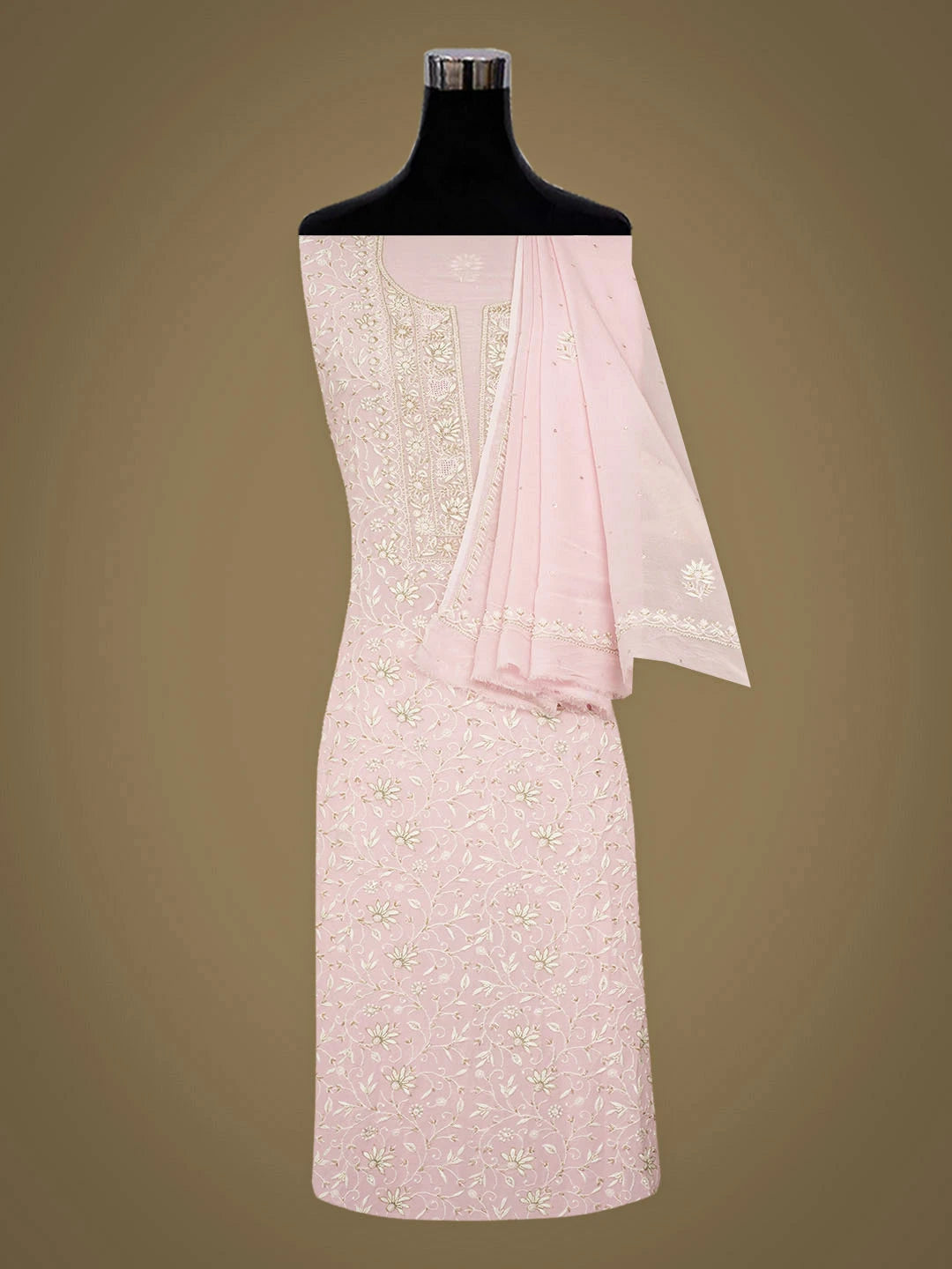 Ada Hand Embroidered Pink Viscose Georgette Lucknowi Chikankari Unstitched Kurta Dupatta Set With Cutdana Work 01A887970