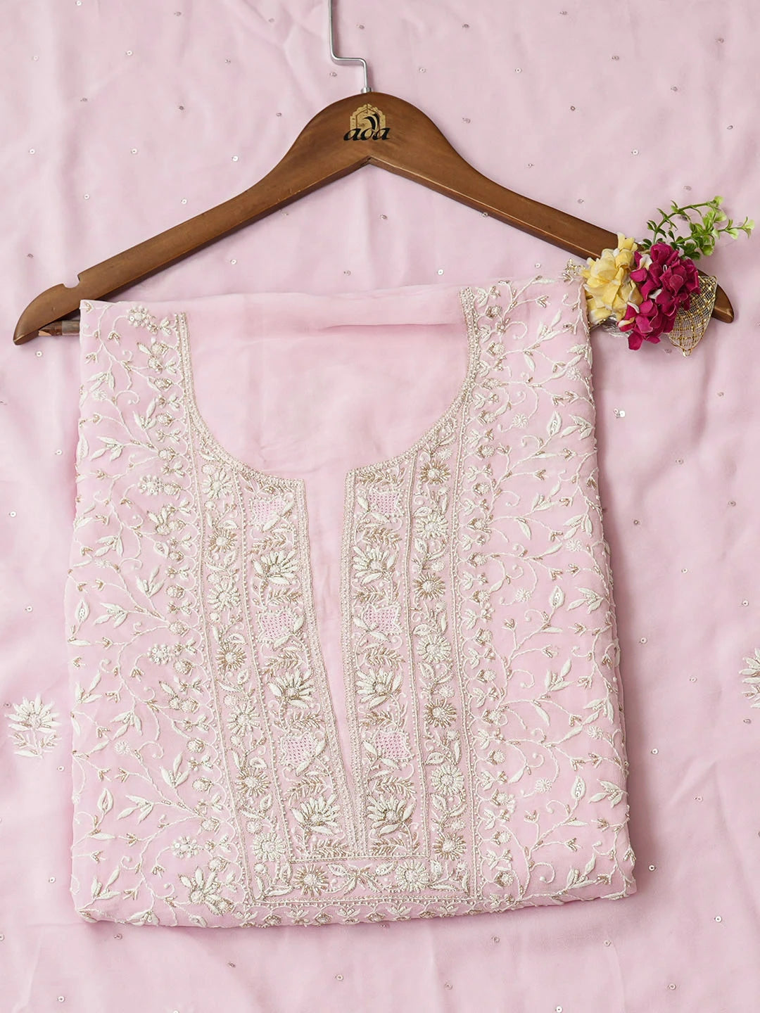 Ada Hand Embroidered Pink Viscose Georgette Lucknowi Chikankari Unstitched Kurta Dupatta Set With Cutdana Work 01A887970