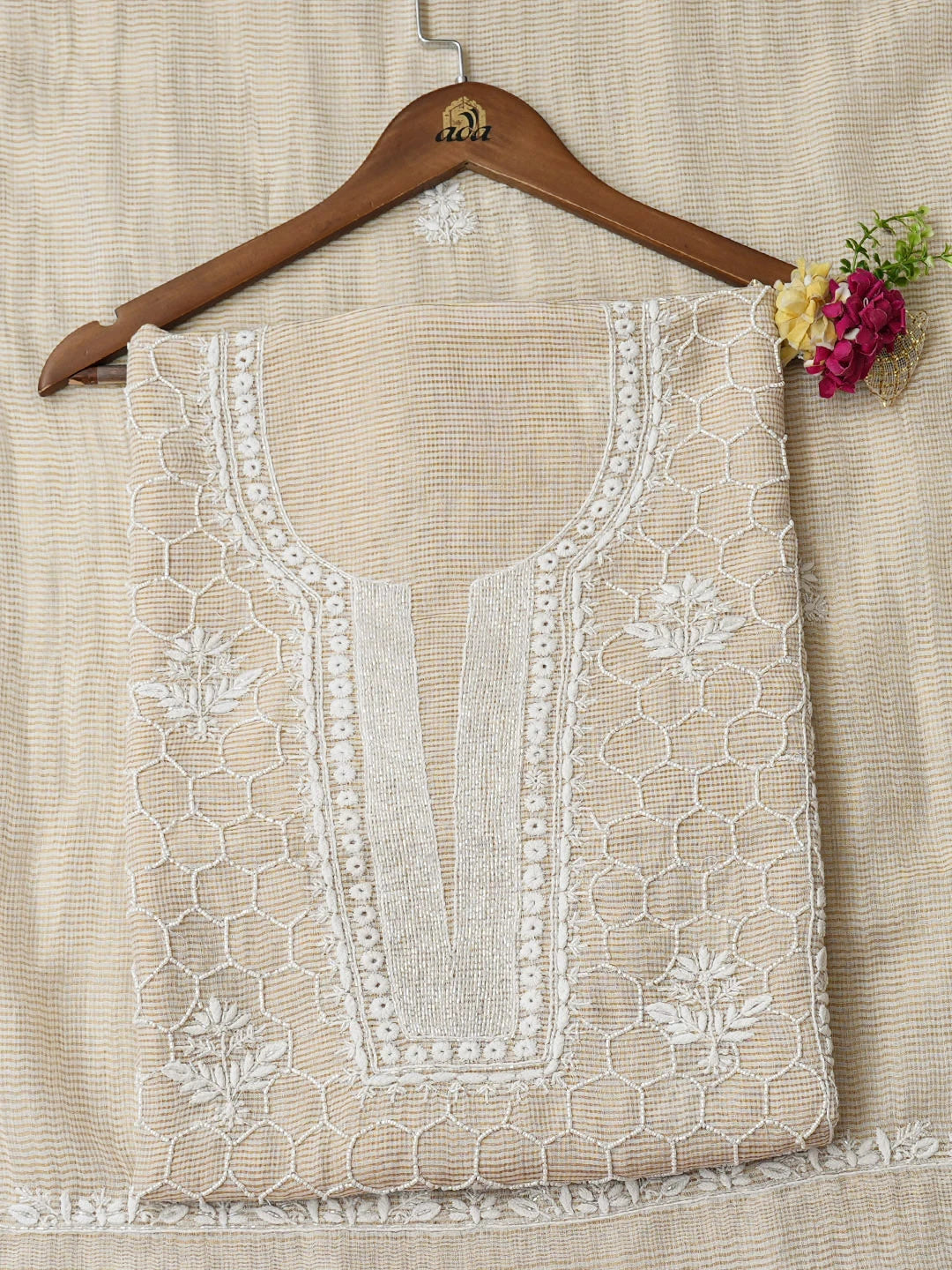 Ada Hand Embroidered Fawn Tissue Lucknowi Chikankari Unstitched Kurta Dupatta Set With Cutdana Work 01A825264