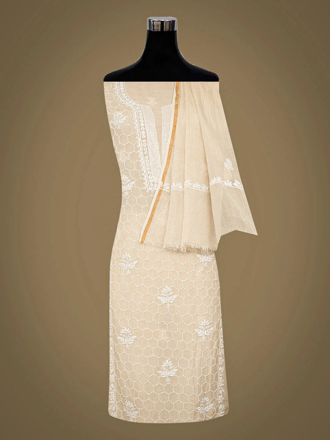 Ada Hand Embroidered Fawn Tissue Lucknowi Chikankari Unstitched Kurta Dupatta Set With Cutdana Work 01A825264