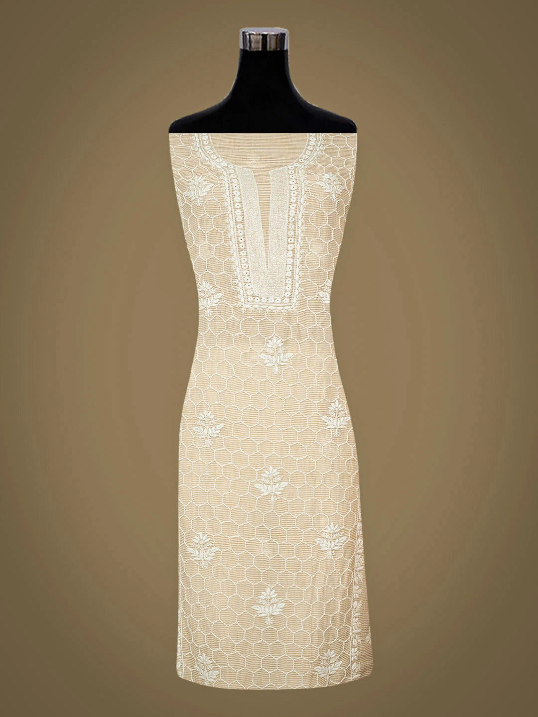 Ada Hand Embroidered Fawn Tissue Lucknowi Chikankari Unstitched Kurta Dupatta Set With Cutdana Work 01A825264