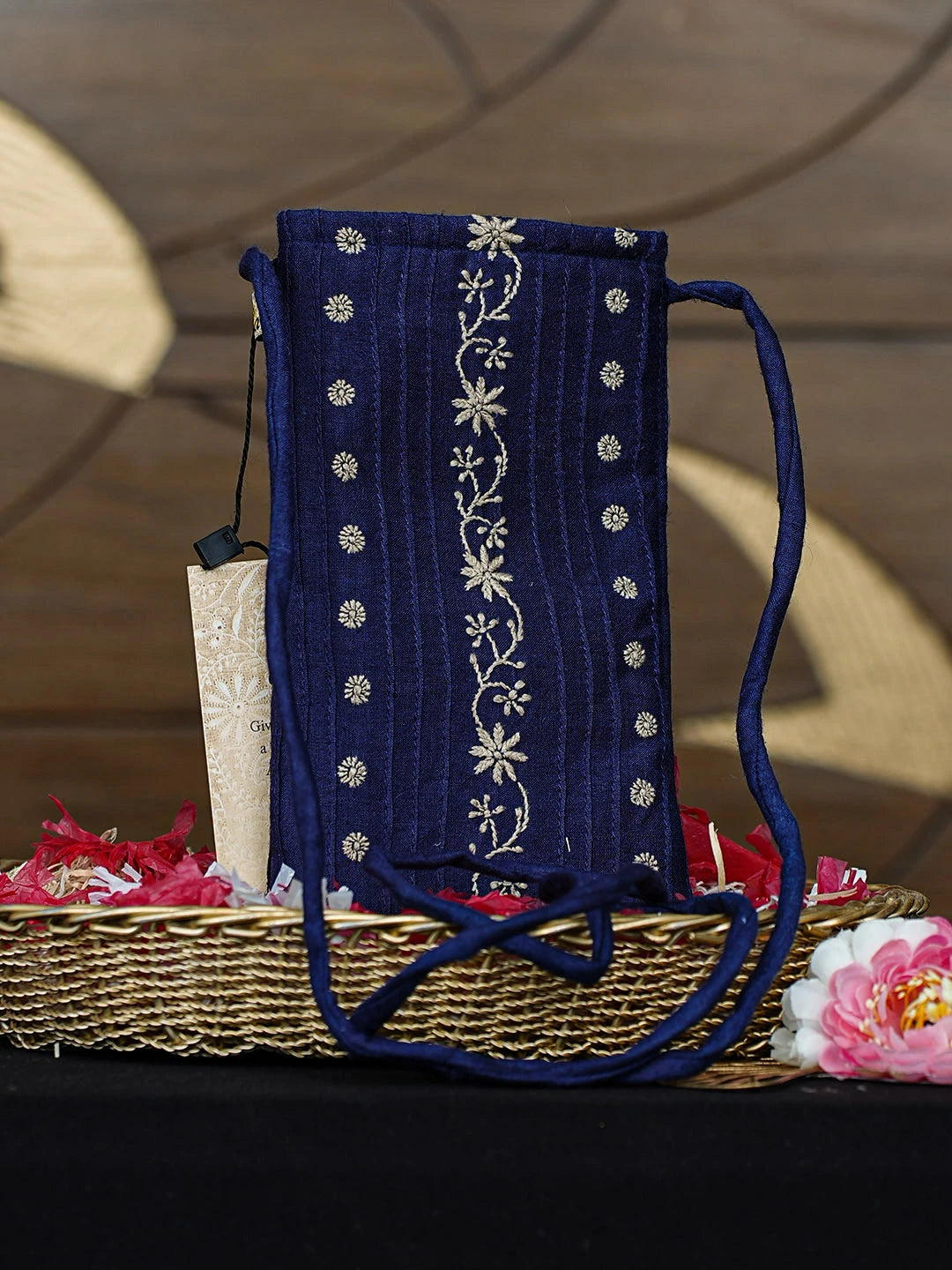 Ada Hand Embroidered Navy Blue Silk Lucknowi Chikankari Mobile Cover 01A917601