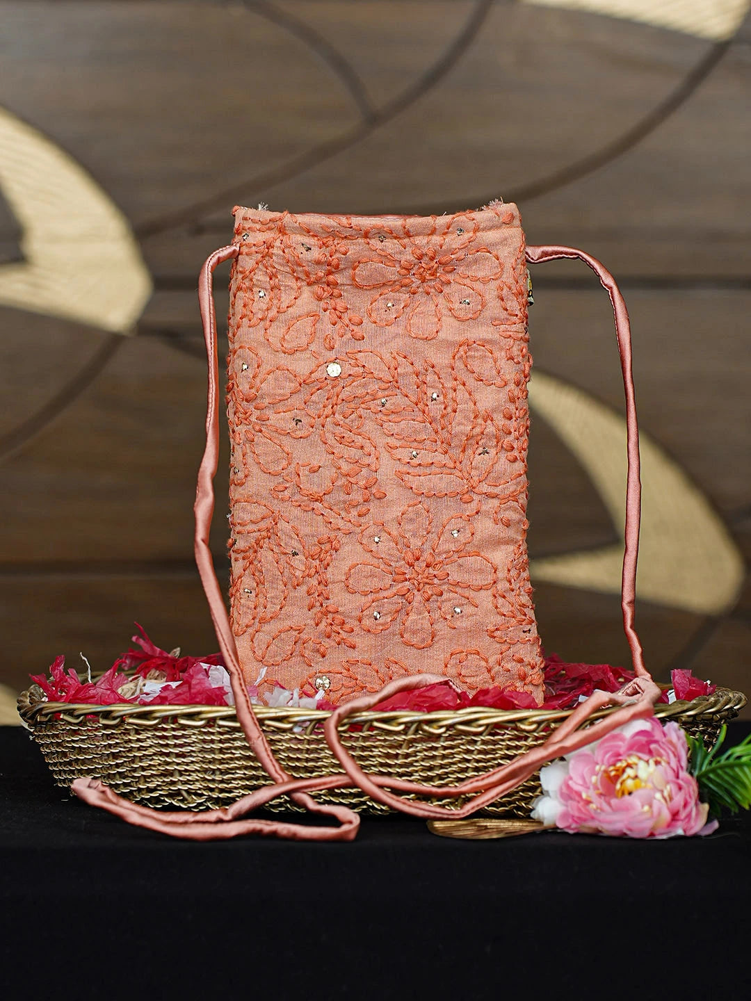 Ada Hand Embroidered Peach Chanderi Lucknowi Chikankari Mobile Cover With Muqaish /Mukaish Work 01A917586