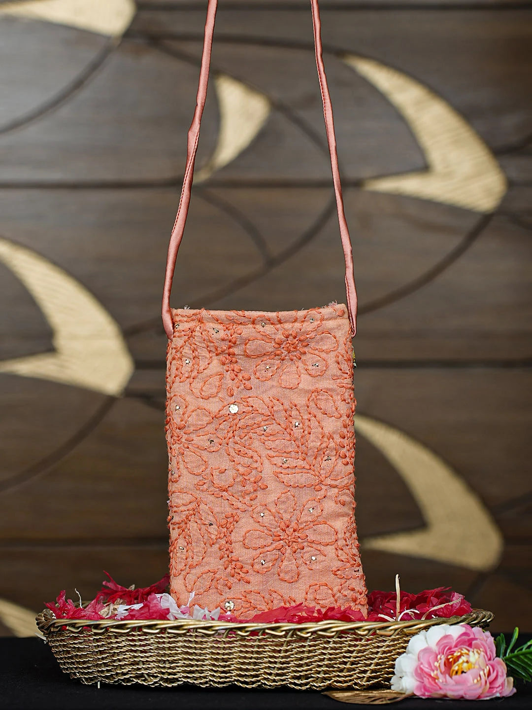 Ada Hand Embroidered Peach Chanderi Lucknowi Chikankari Mobile Cover With Muqaish /Mukaish Work 01A917586