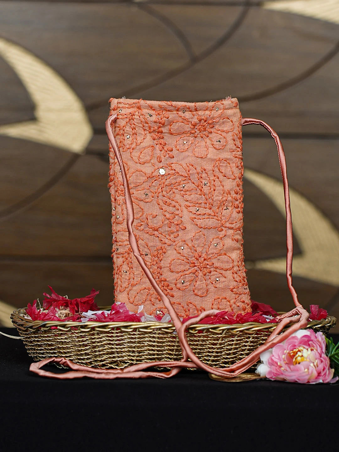 Ada Hand Embroidered Peach Chanderi Lucknowi Chikankari Mobile Cover With Muqaish /Mukaish Work 01A917586