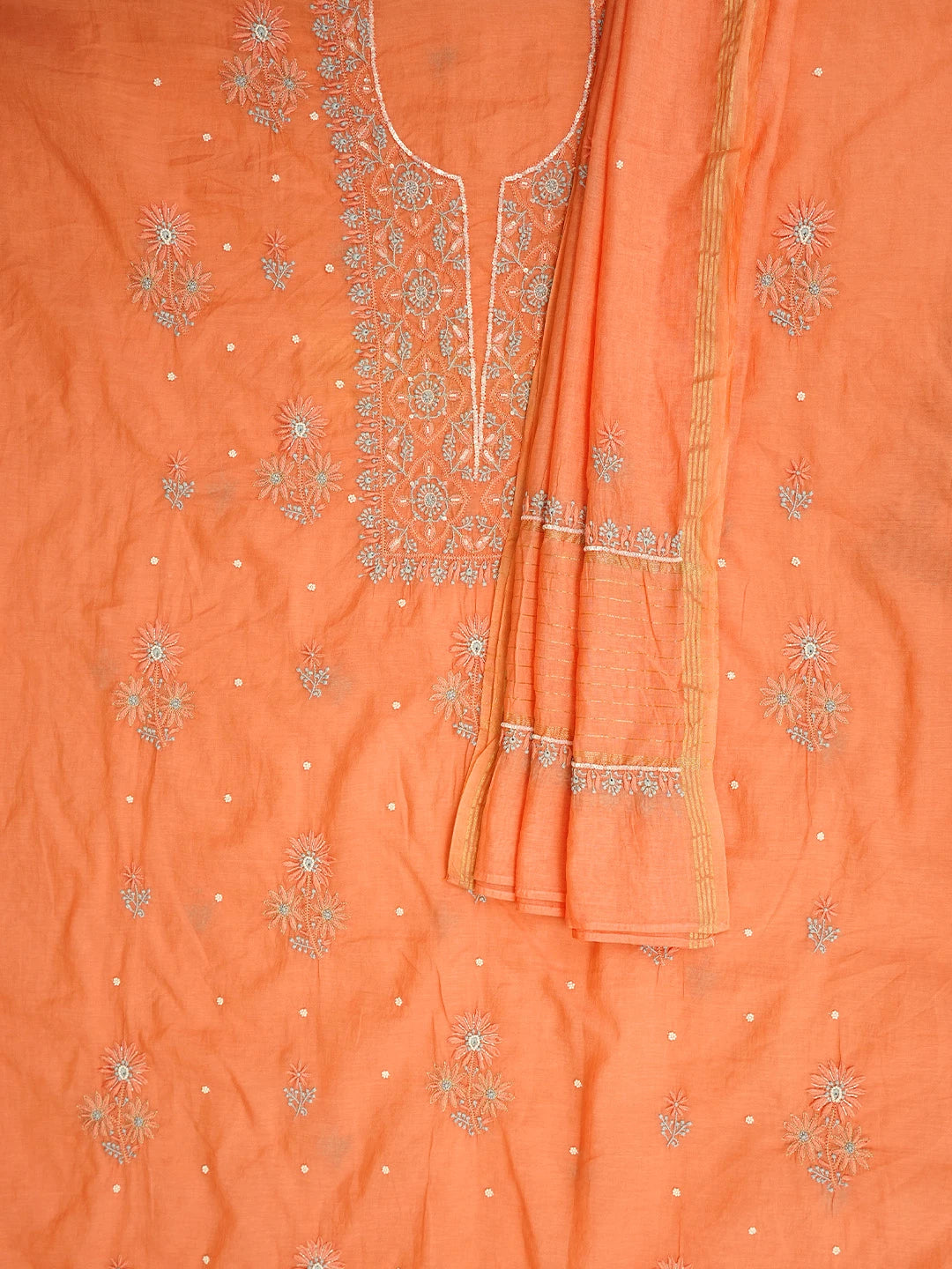 Ada Hand Embroidered Peach Orange Chanderi Lucknowi Chikankari Unstitched Kurta Dupatta Set With Zari Work 01A957267
