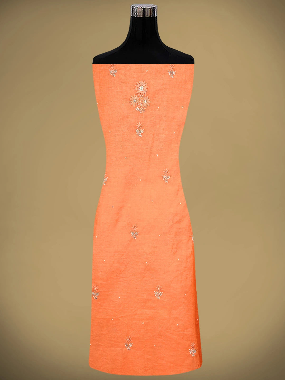 Ada Hand Embroidered Peach Orange Chanderi Lucknowi Chikankari Unstitched Kurta Dupatta Set With Zari Work 01A957267
