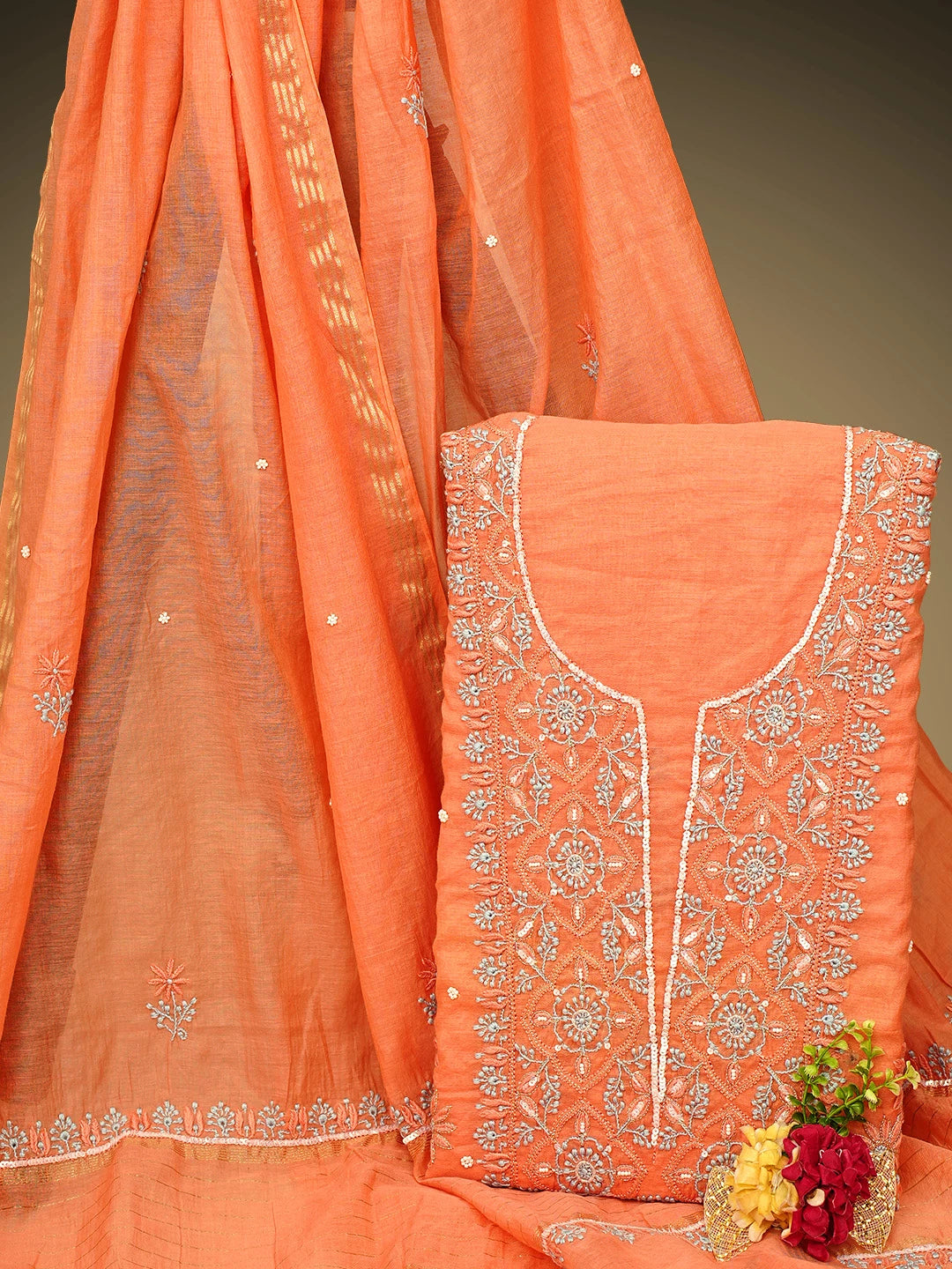 Ada Hand Embroidered Peach Orange Chanderi Lucknowi Chikankari Unstitched Kurta Dupatta Set With Zari Work 01A957267