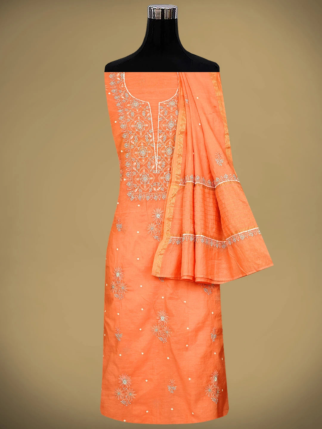 Ada Hand Embroidered Peach Orange Chanderi Lucknowi Chikankari Unstitched Kurta Dupatta Set With Zari Work 01A957267
