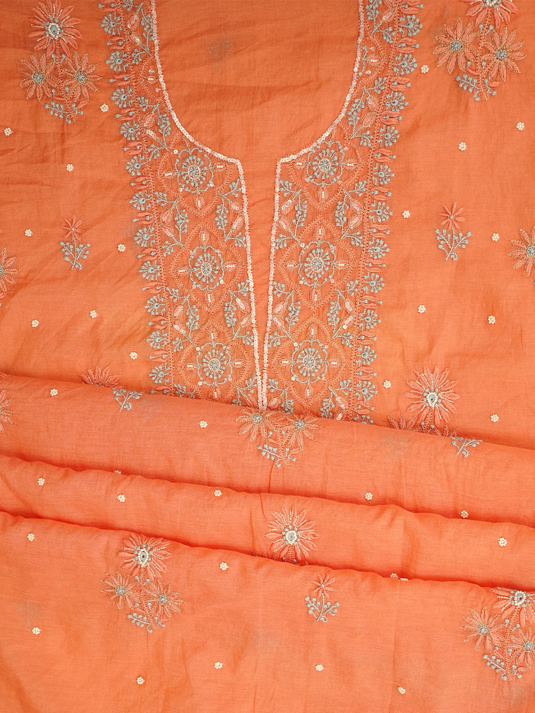 Ada Hand Embroidered Peach Orange Chanderi Lucknowi Chikankari Unstitched Kurta Dupatta Set With Zari Work 01A957267