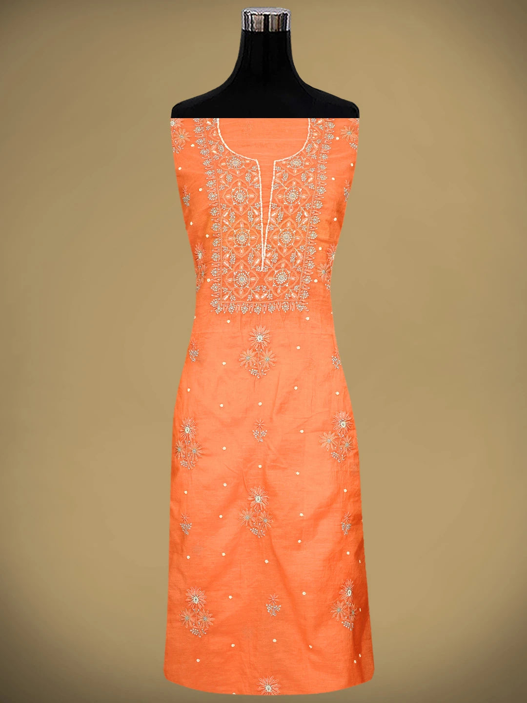 Ada Hand Embroidered Peach Orange Chanderi Lucknowi Chikankari Unstitched Kurta Dupatta Set With Zari Work 01A957267