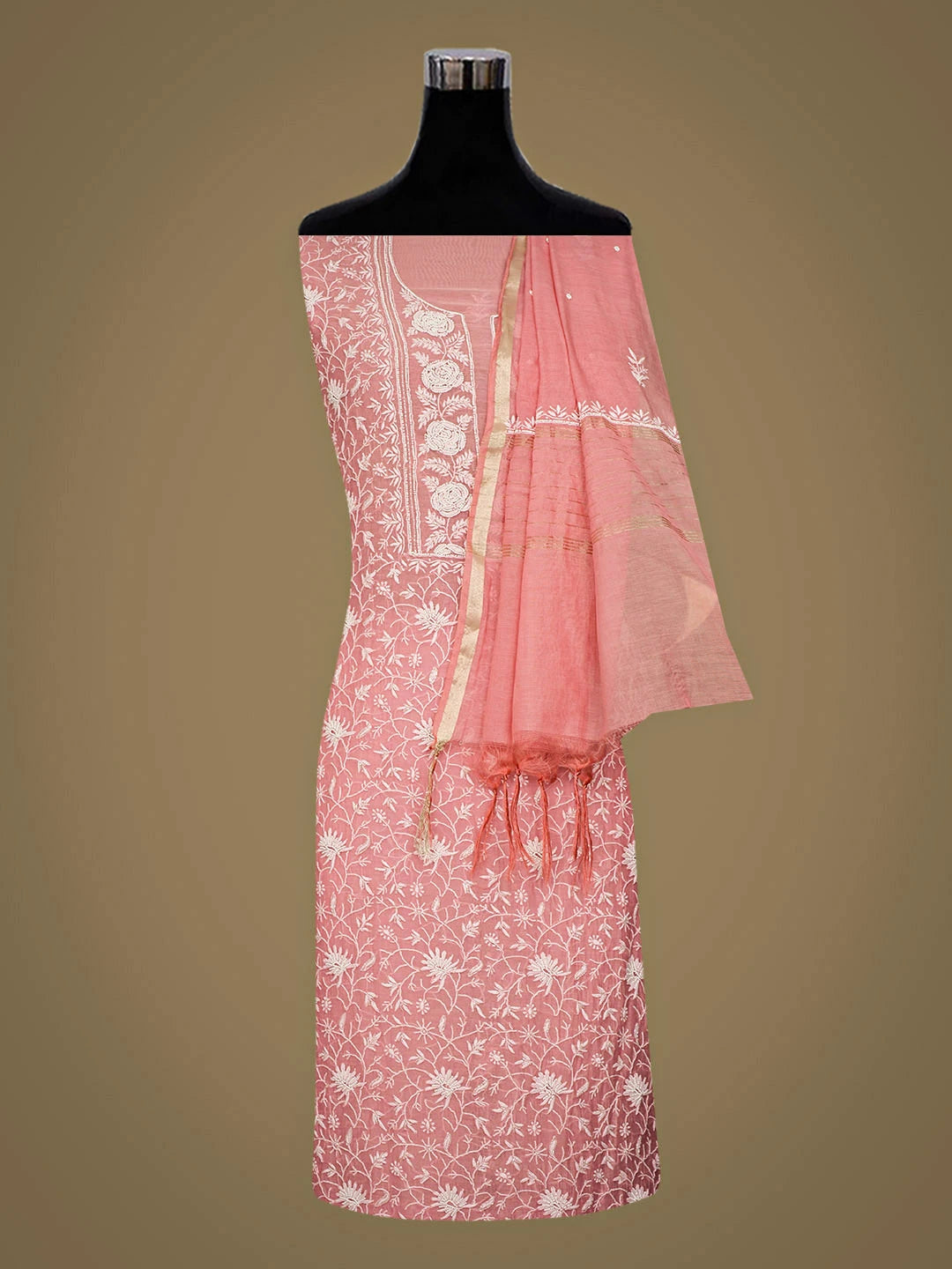 Ada Hand Embroidered Pink Chanderi Lucknowi Chikankari Unstitched Kurta Dupatta Set With Cutdana Work 01A811838