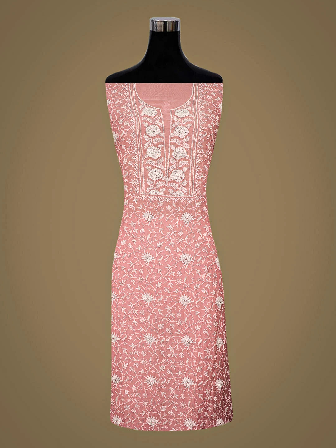 Ada Hand Embroidered Pink Chanderi Lucknowi Chikankari Unstitched Kurta Dupatta Set With Cutdana Work 01A811838