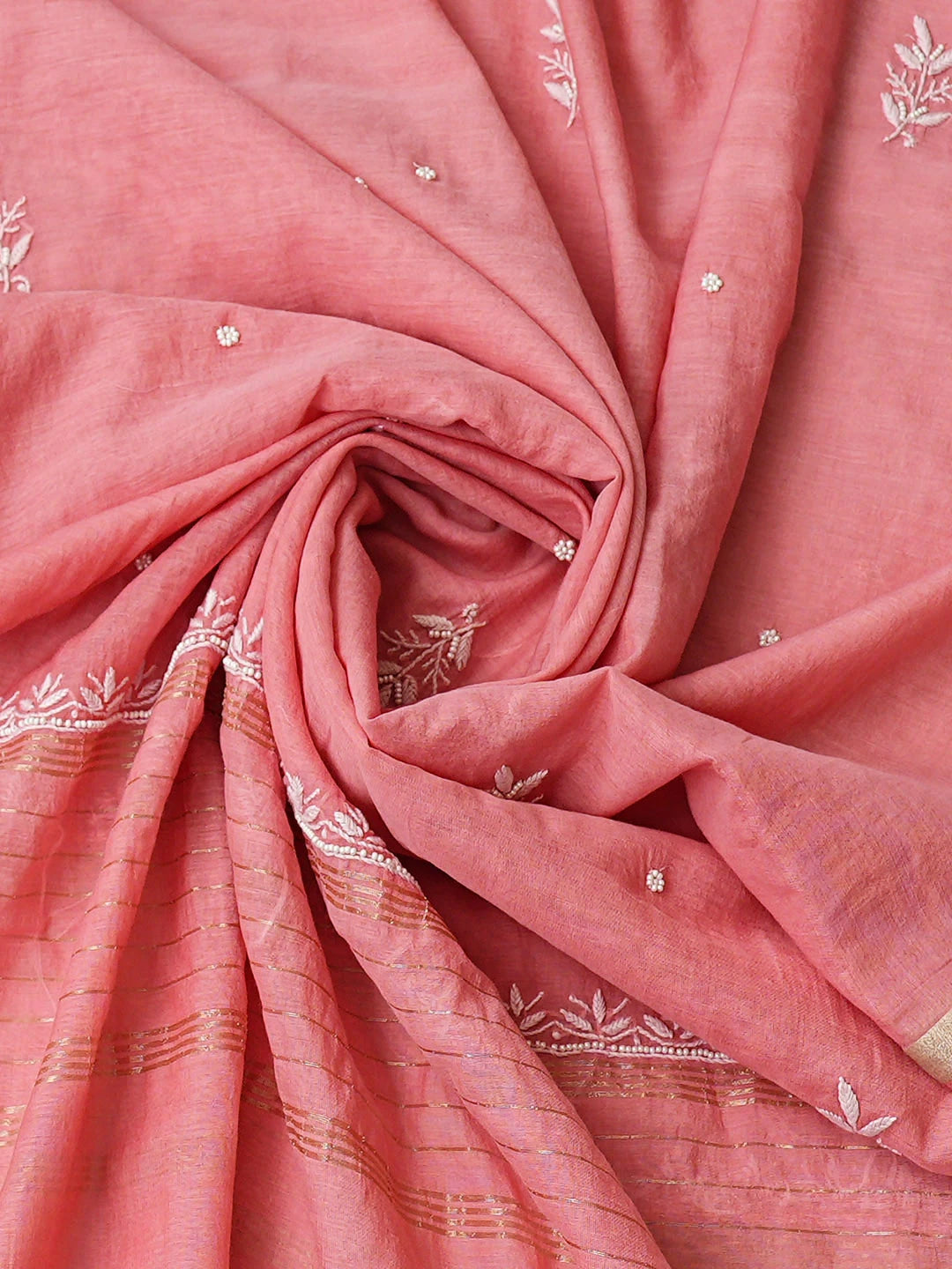 Ada Hand Embroidered Pink Chanderi Lucknowi Chikankari Unstitched Kurta Dupatta Set With Cutdana Work 01A811838
