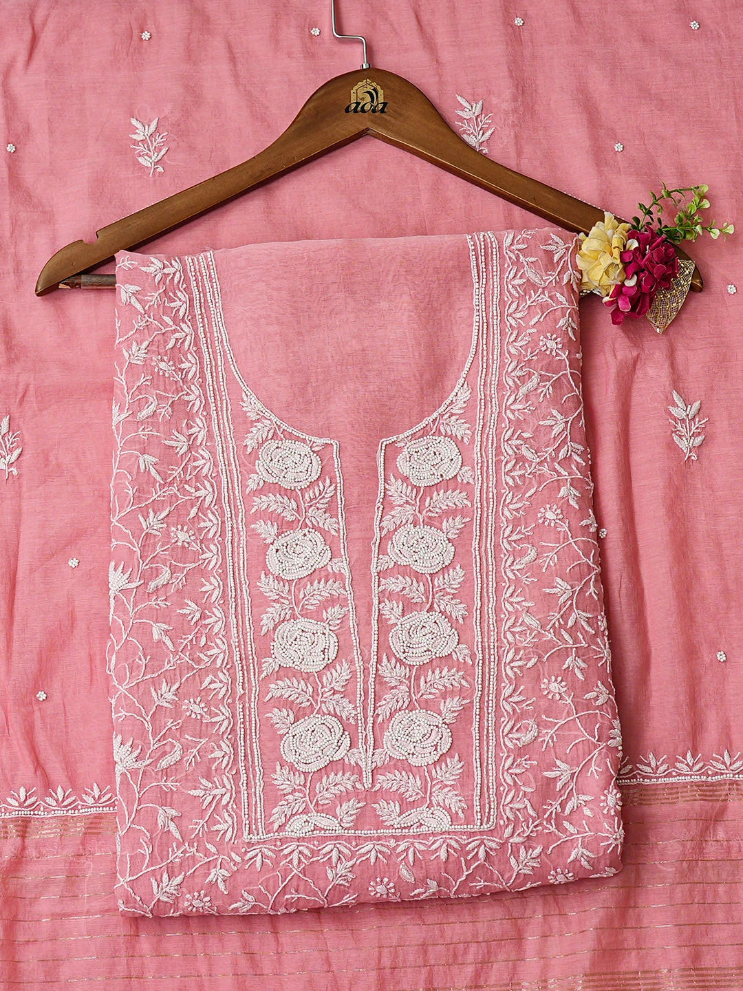 Ada Hand Embroidered Pink Chanderi Lucknowi Chikankari Unstitched Kurta Dupatta Set With Cutdana Work 01A811838