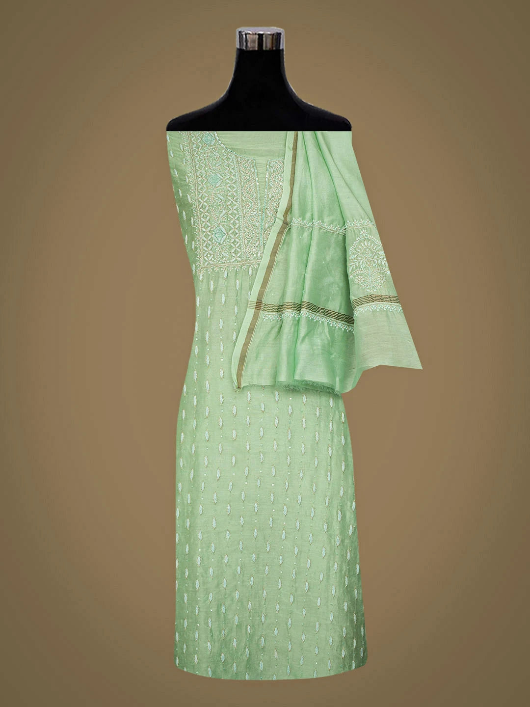 Ada Hand Embroidered Green Chanderi Lucknowi Chikankari Unstitched Kurta Dupatta Set With Sequinned Work 01A805676