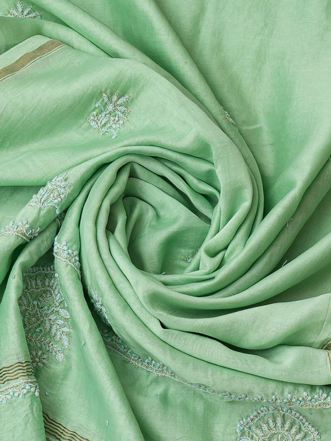 Ada Hand Embroidered Green Chanderi Lucknowi Chikankari Unstitched Kurta Dupatta Set With Sequinned Work 01A805676