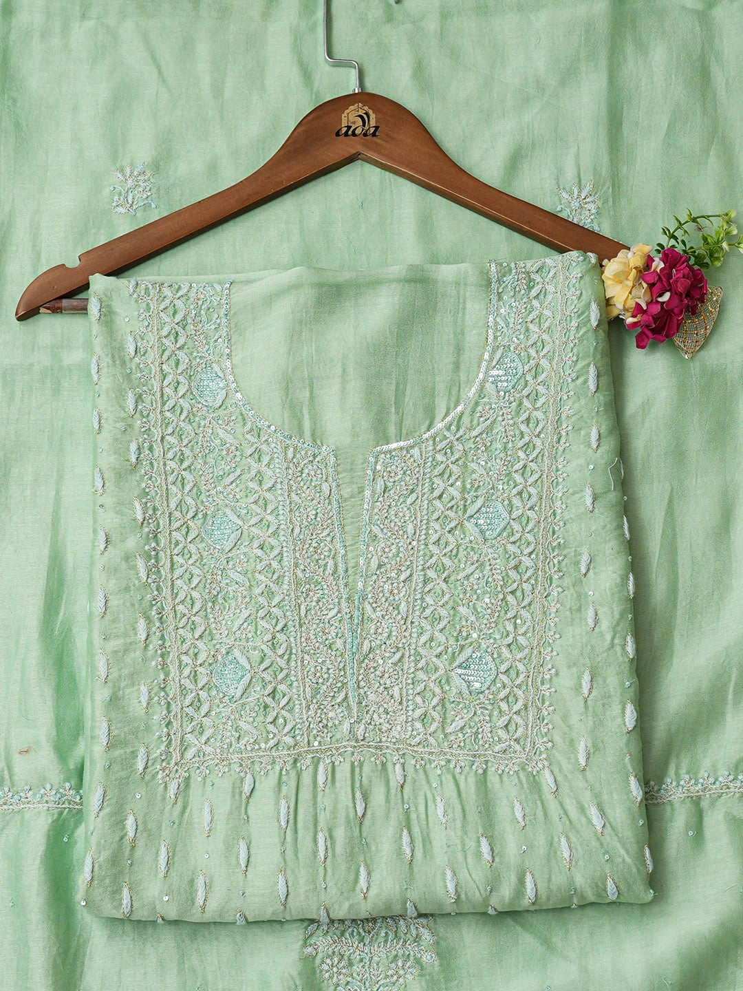 Ada Hand Embroidered Green Chanderi Lucknowi Chikankari Unstitched Kurta Dupatta Set With Sequinned Work 01A805676