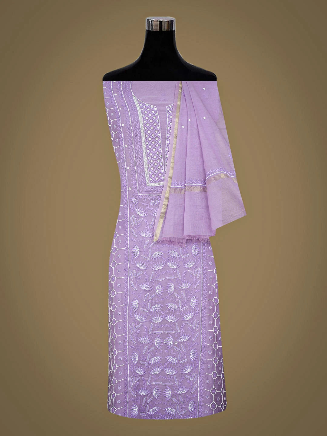 Ada Hand Embroidered Mauve Chanderi Lucknowi Chikankari Unstitched Kurta Dupatta Set With Pearl Work 01A819262